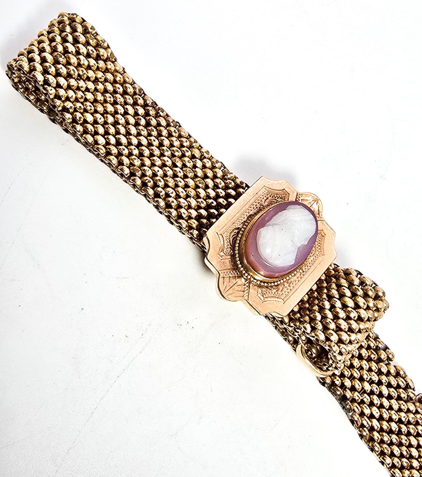Victorian Sardonyx stone cameo antique mesh gold filled slider tassel bracelet