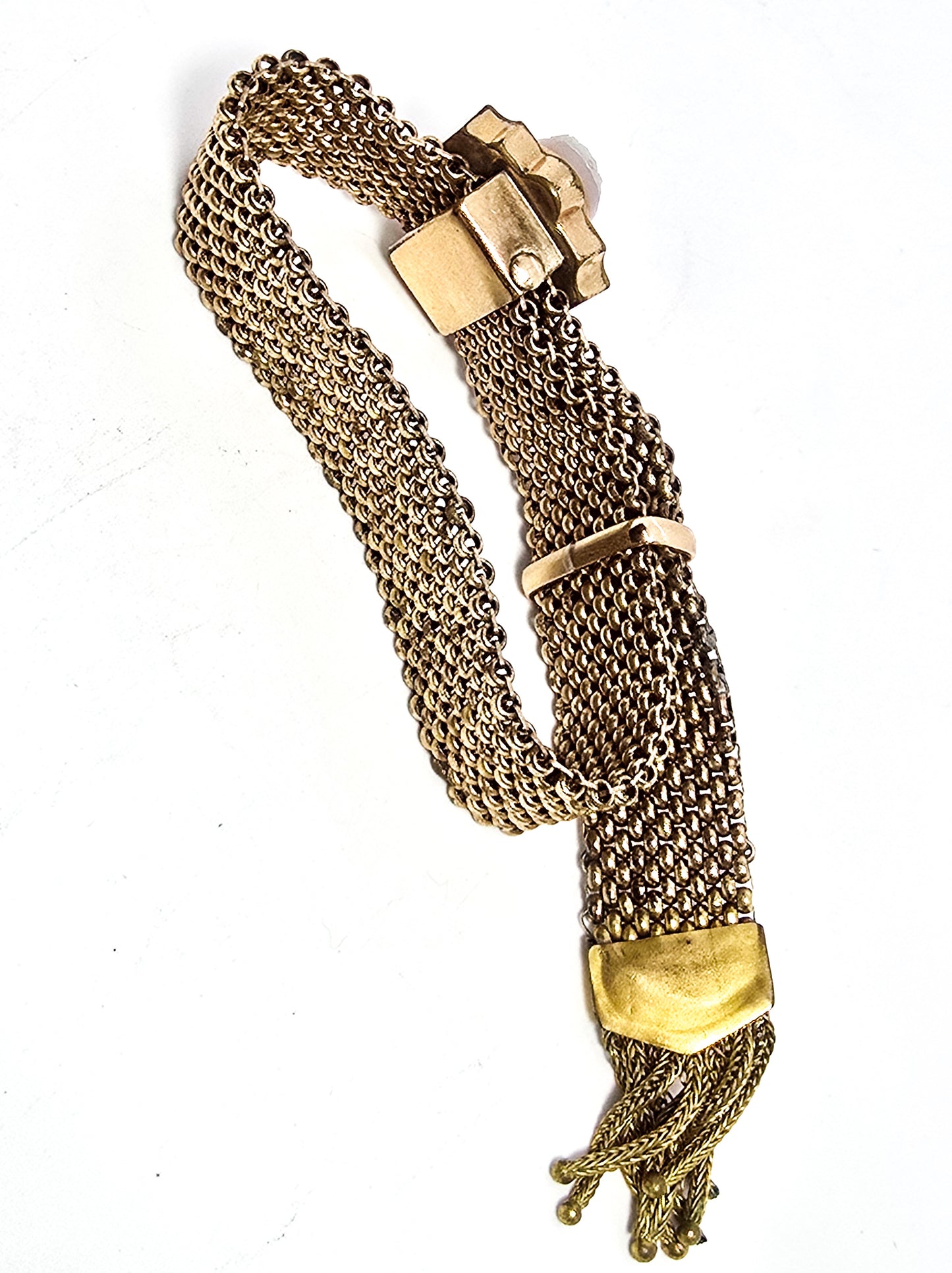 Victorian Sardonyx stone cameo antique mesh gold filled slider tassel bracelet