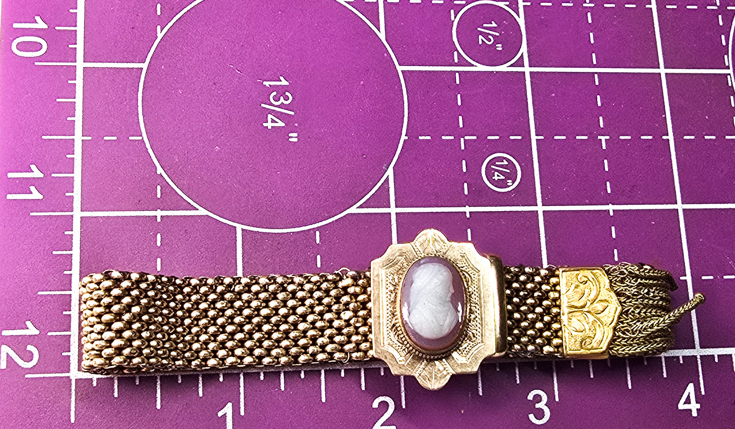 Victorian Sardonyx stone cameo antique mesh gold filled slider tassel bracelet