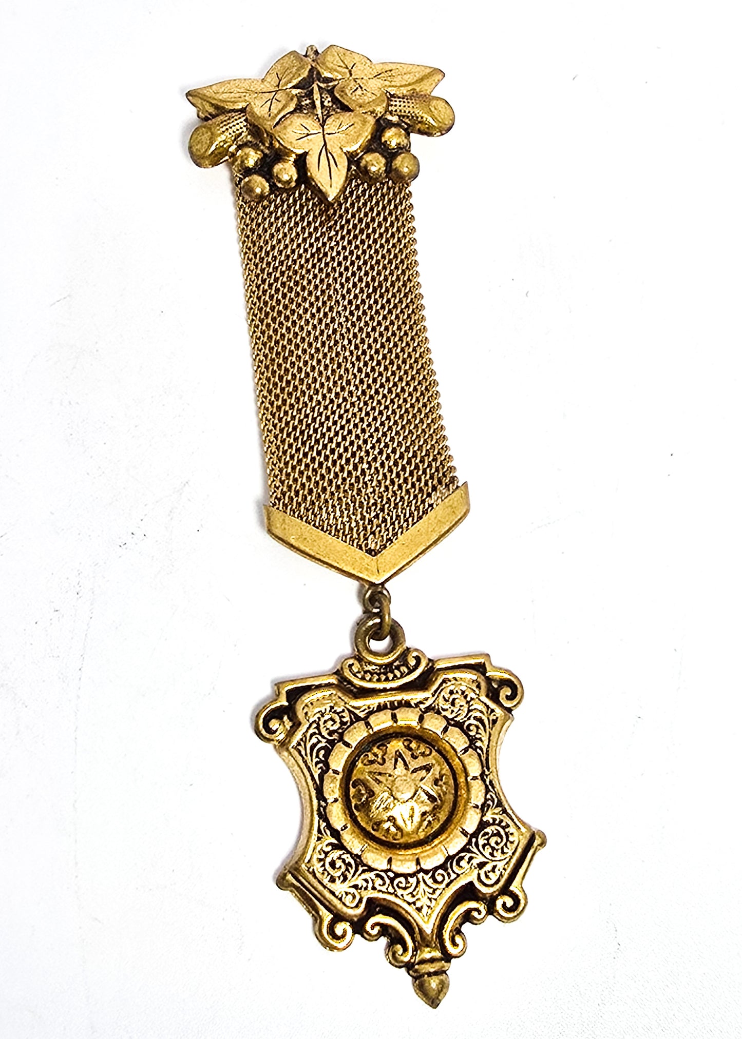 Victorian antique mesh gold filled leaf berry memento mori mourning brooch