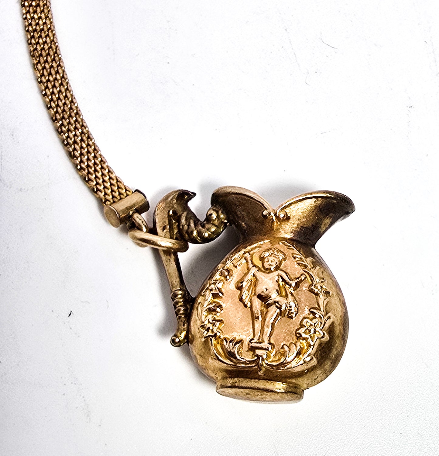 Victorian antique mesh gold filled cupid putti wine pitcher T bar button hole watch fob