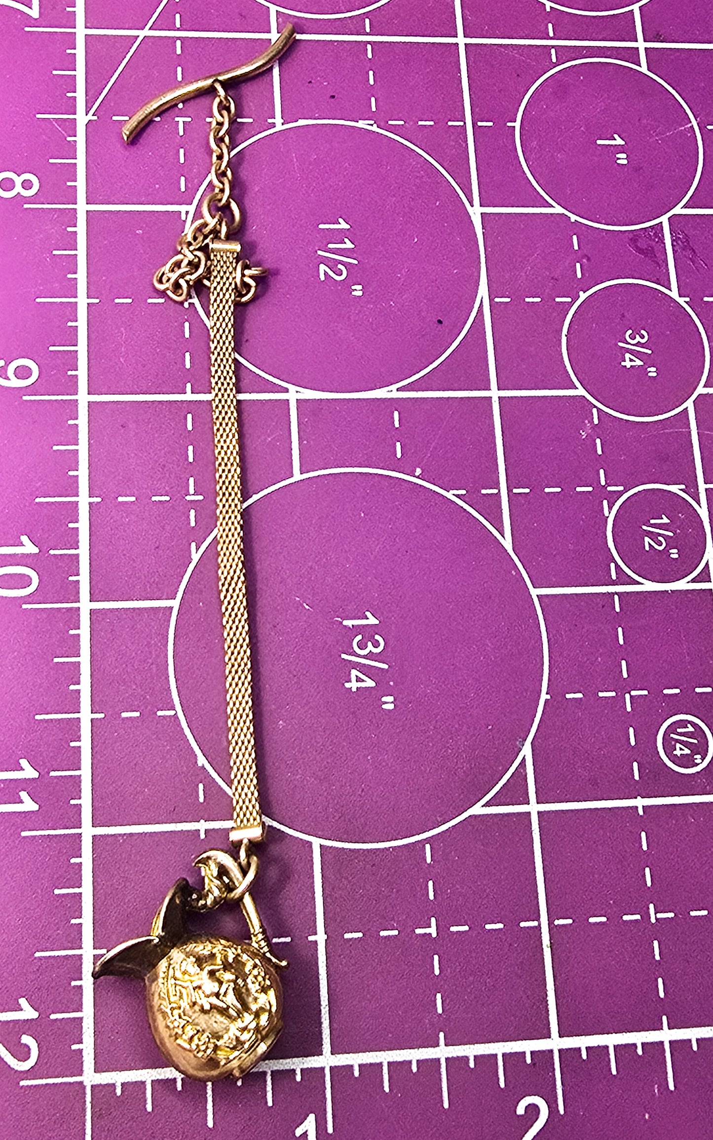 Victorian antique mesh gold filled cupid putti wine pitcher T bar button hole watch fob
