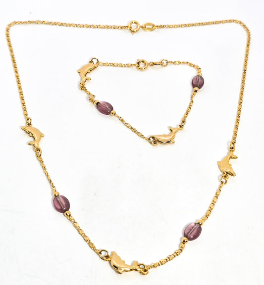 Miami 18k gold filled vintage dolphin purple glass beaded necklace and bracelet set
