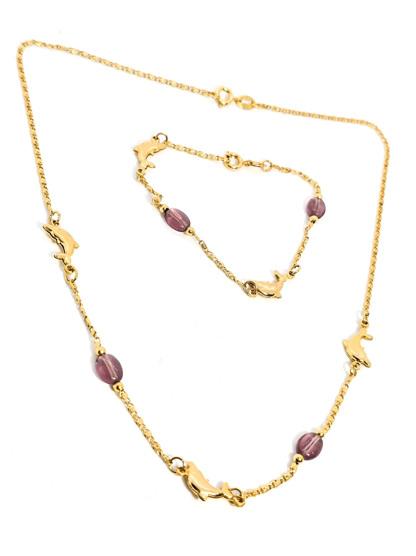 Miami 18k gold filled vintage dolphin purple glass beaded necklace and bracelet set
