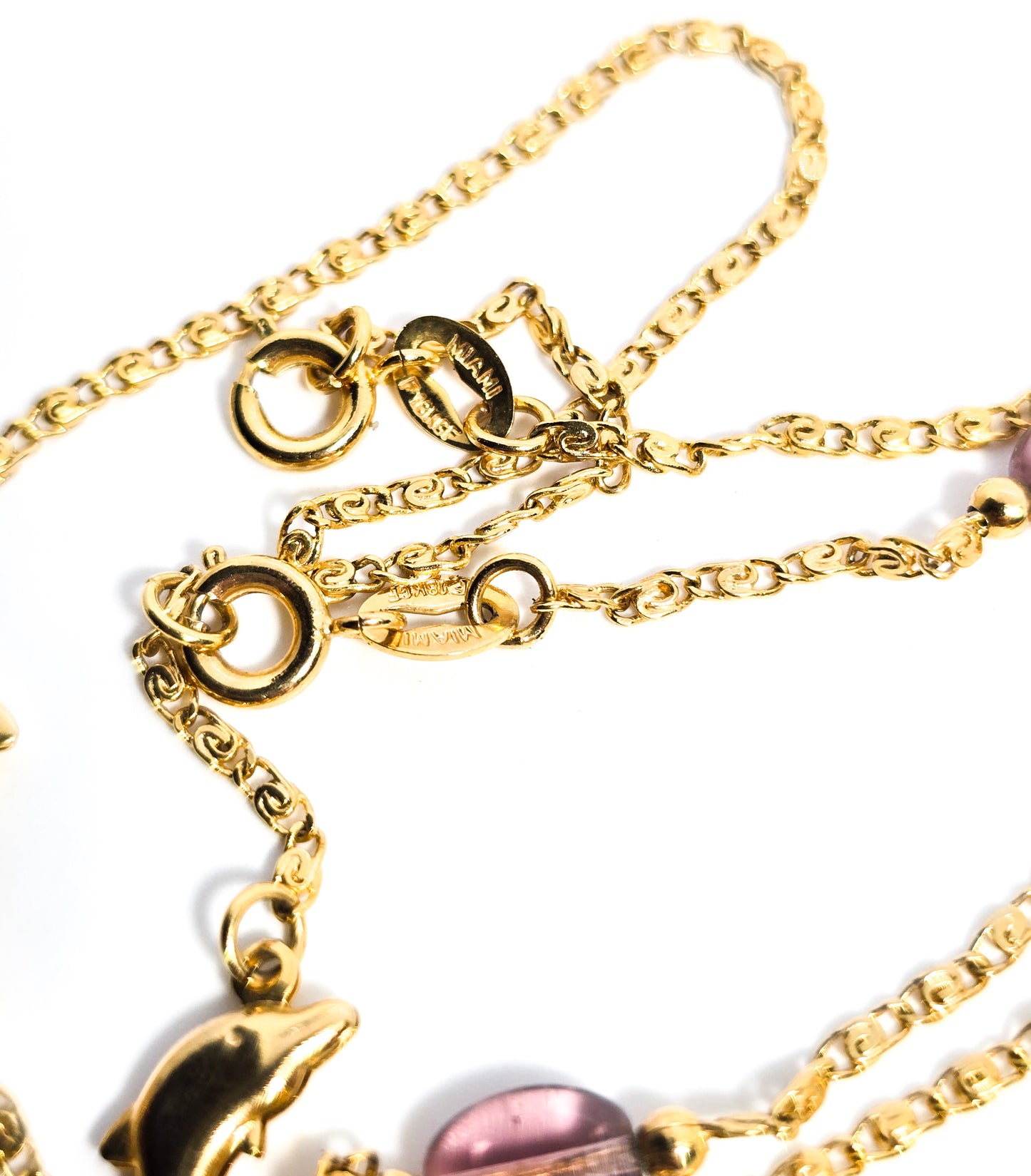 Miami 18k gold filled vintage dolphin purple glass beaded necklace and bracelet set