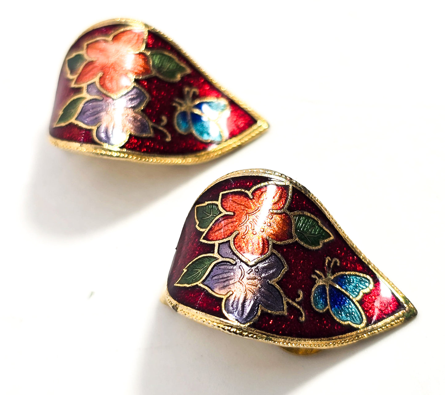 Retro Red Enamel flower and butterfly vintage wave clip on earrings