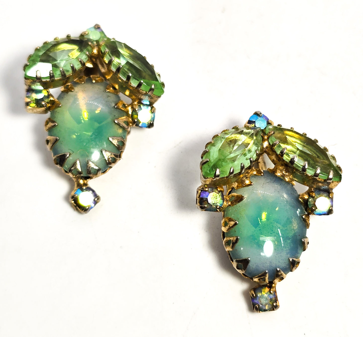 Schreiner Green Opaline Aurora Borealis vintage dogtooth rhinestone earrings