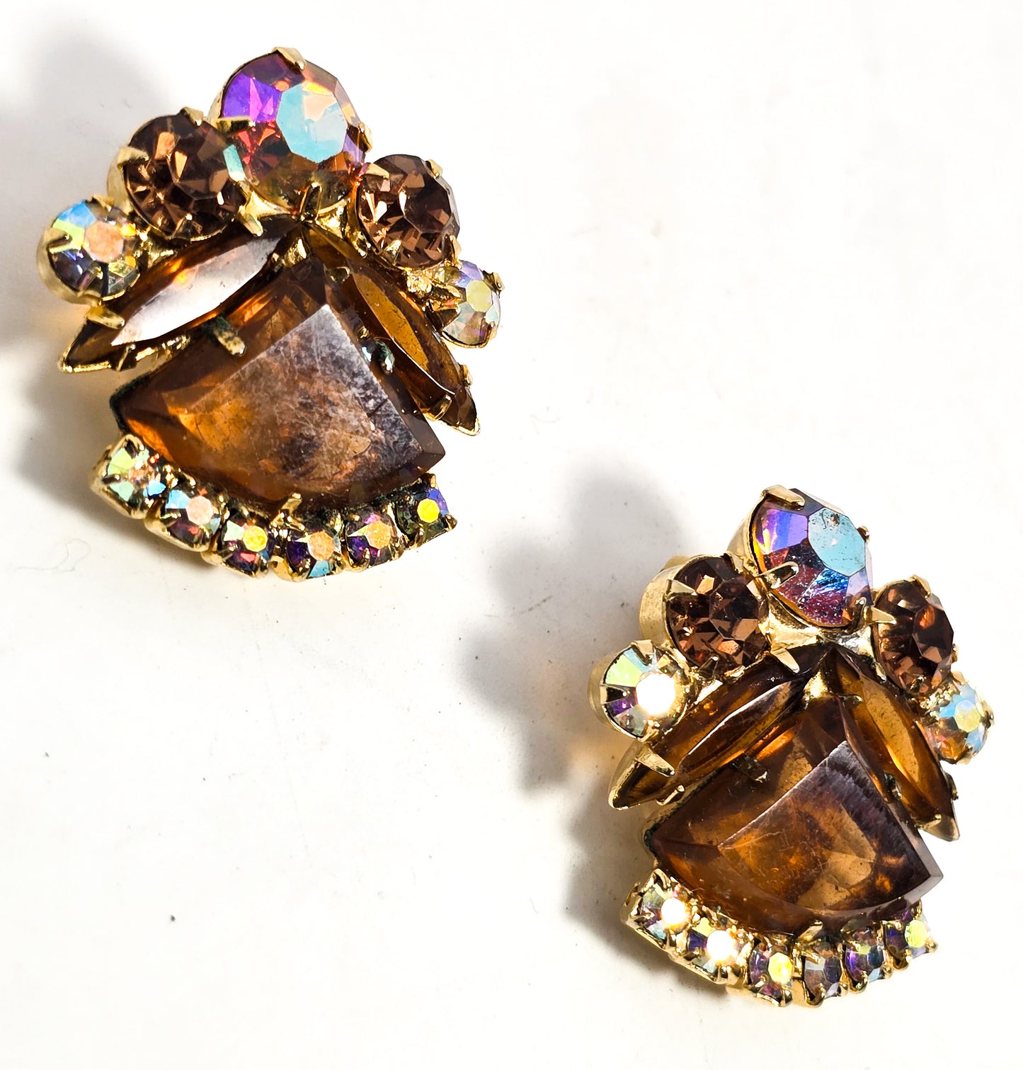 Juliana DeLizza & Elster amber Aurora borealis pie cut rhinestone clip on earrings