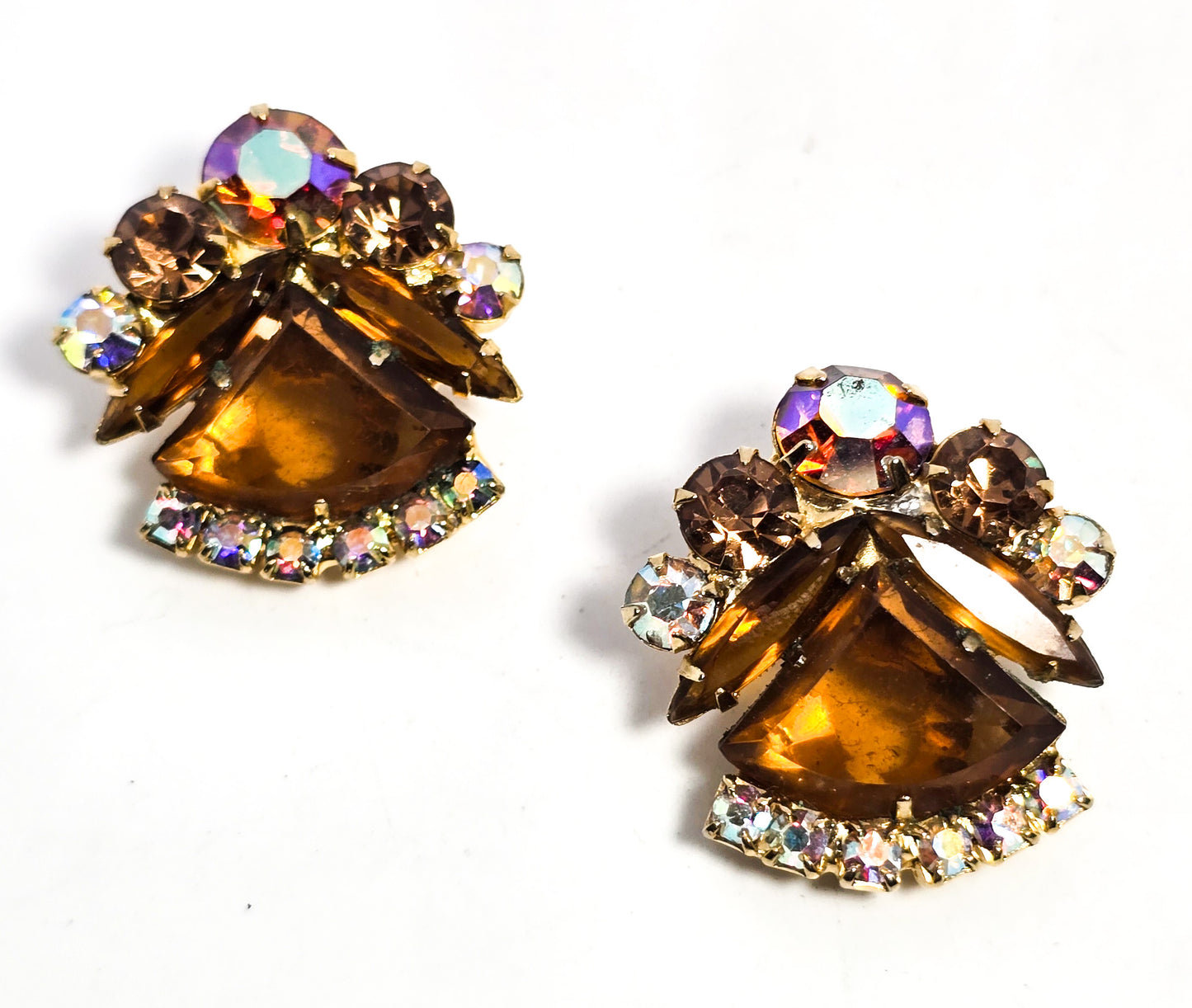 Juliana DeLizza & Elster amber Aurora borealis pie cut rhinestone clip on earrings