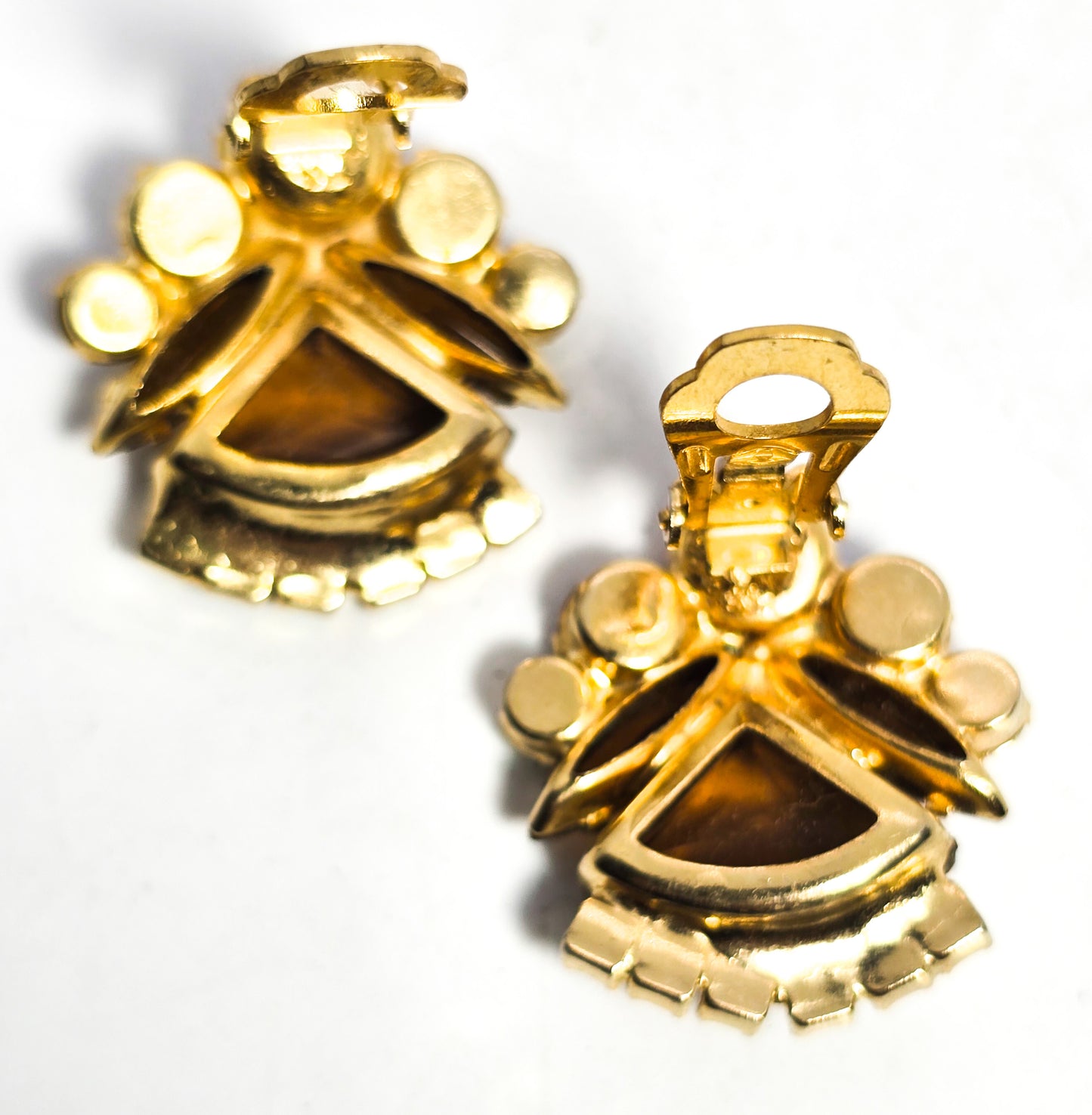 Juliana DeLizza & Elster amber Aurora borealis pie cut rhinestone clip on earrings