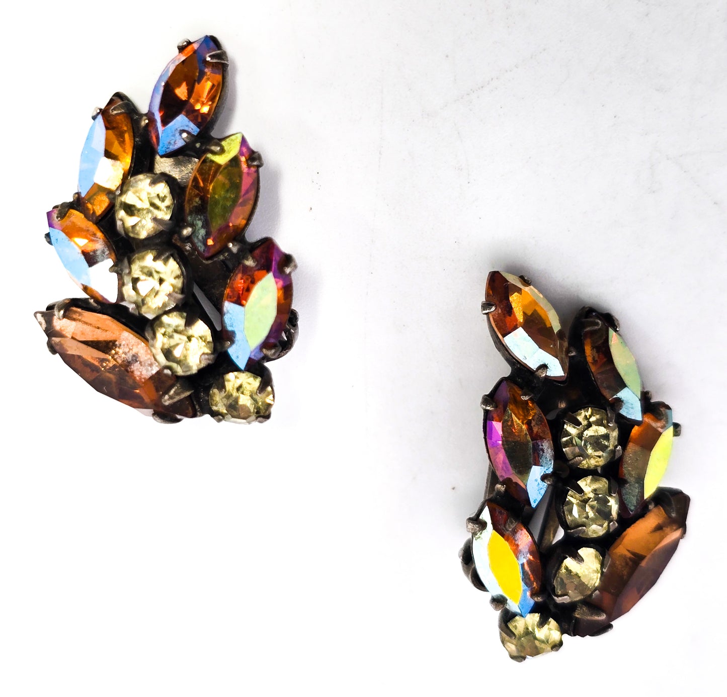 Aurora Borealis Navette rhinestone jonquil yellow vintage clip on earrings