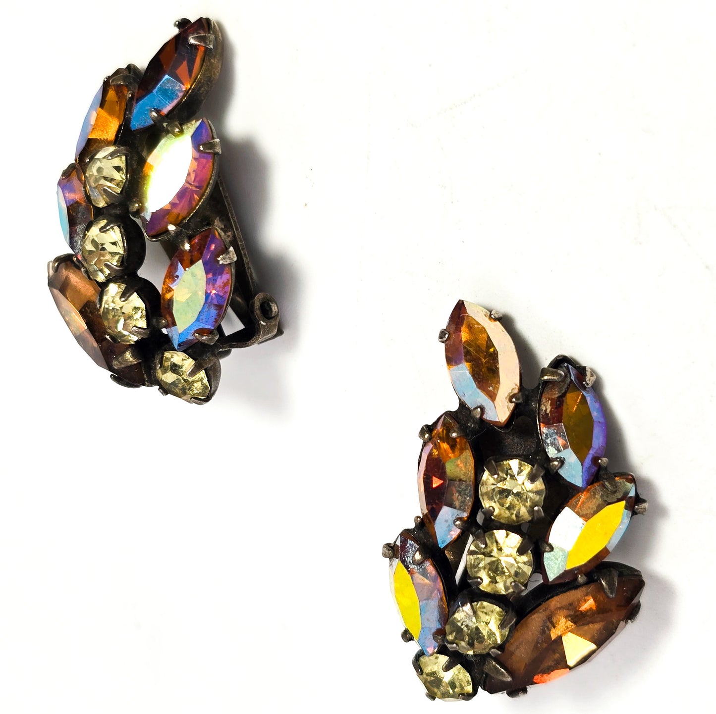 Aurora Borealis Navette rhinestone jonquil yellow vintage clip on earrings