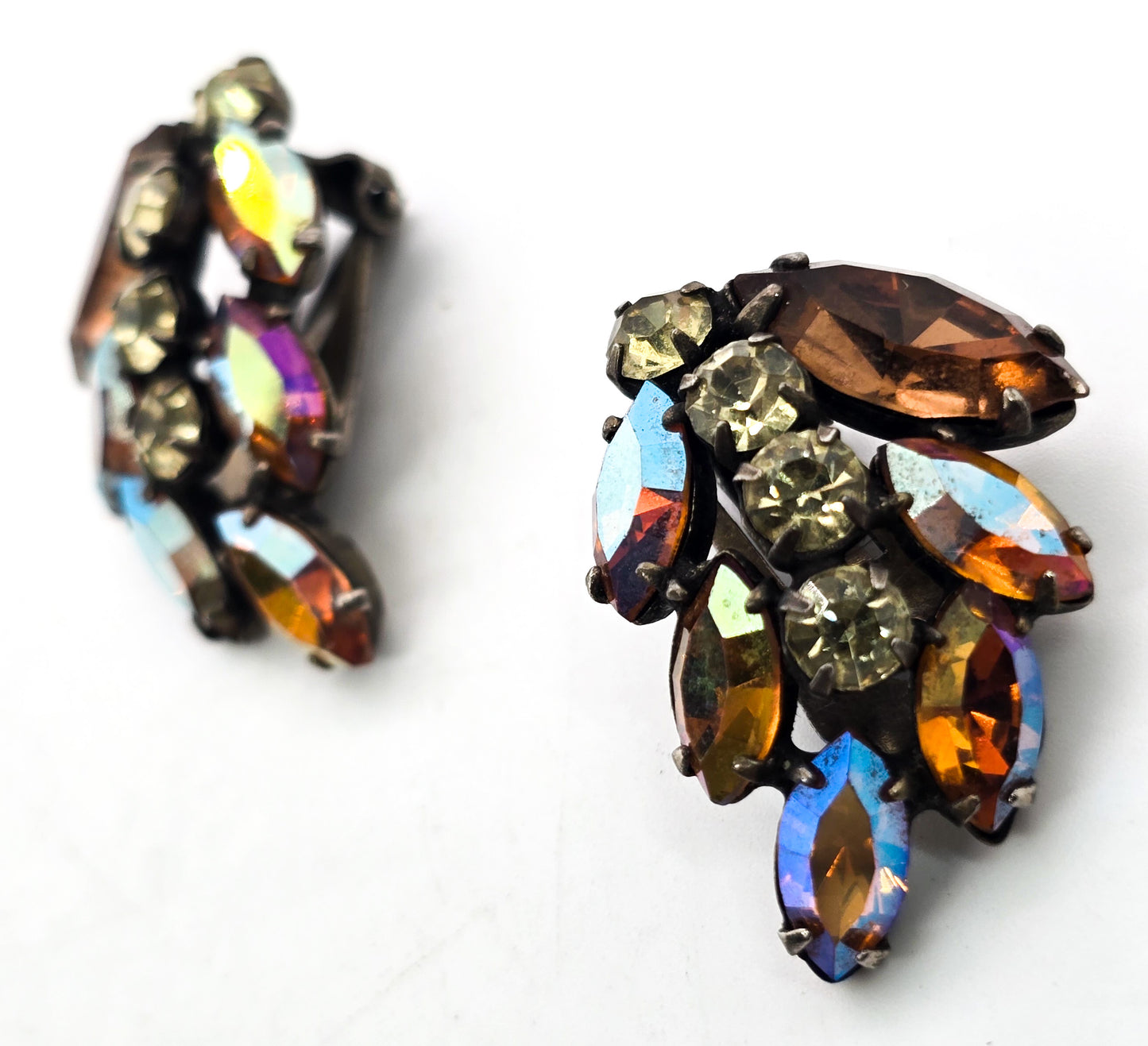 Aurora Borealis Navette rhinestone jonquil yellow vintage clip on earrings