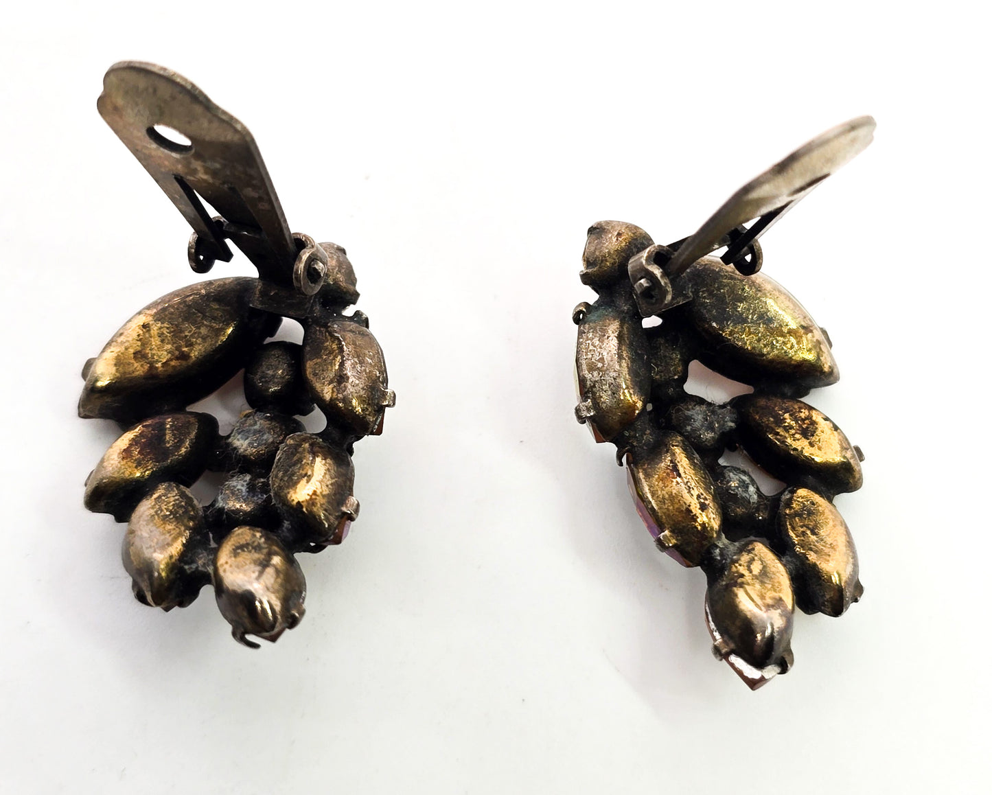 Aurora Borealis Navette rhinestone jonquil yellow vintage clip on earrings