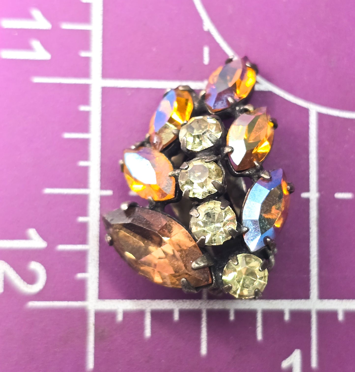 Aurora Borealis Navette rhinestone jonquil yellow vintage clip on earrings