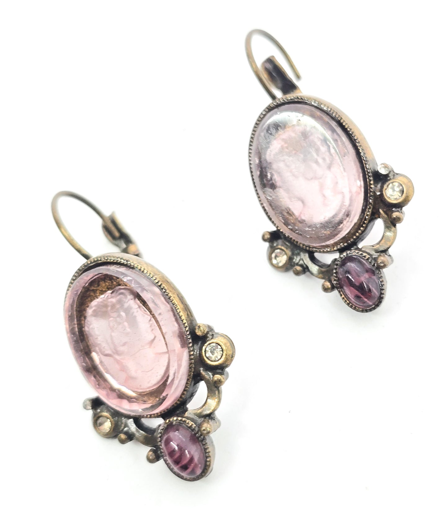 Victorian-Style Intaglio Cameo Amethyst Glass & rhinestone vintage earrings