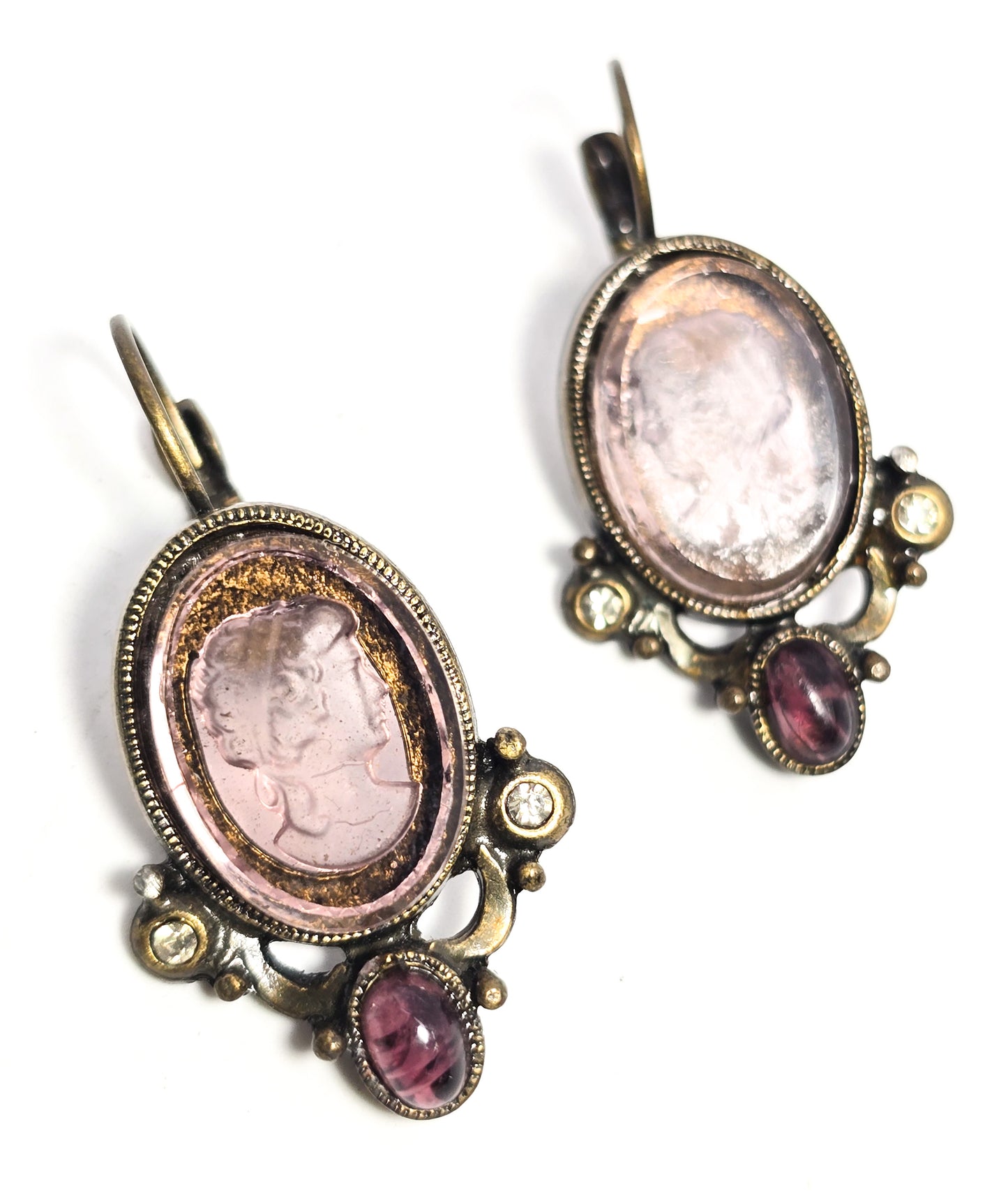 Victorian-Style Intaglio Cameo Amethyst Glass & rhinestone vintage earrings