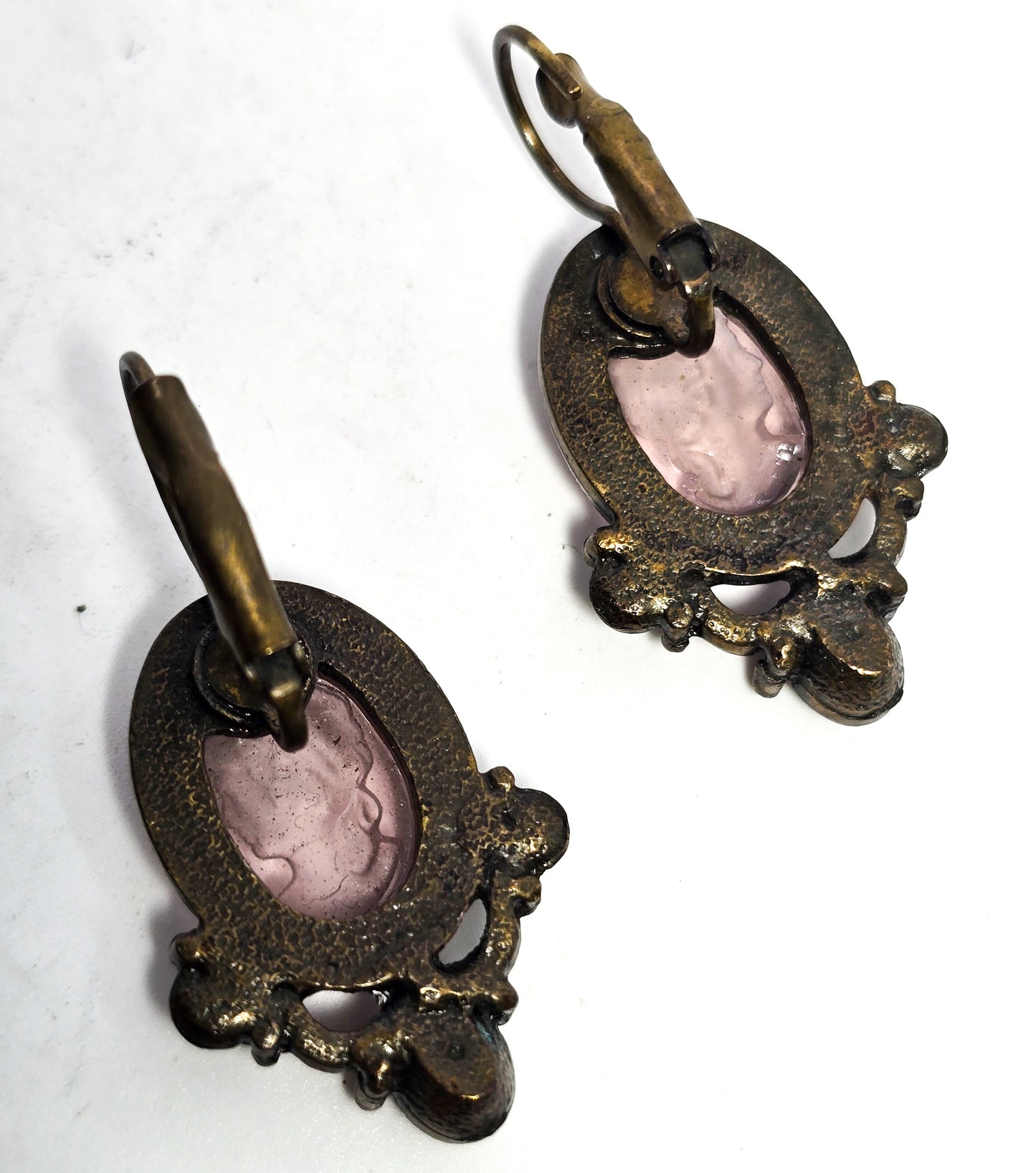 Victorian-Style Intaglio Cameo Amethyst Glass & rhinestone vintage earrings