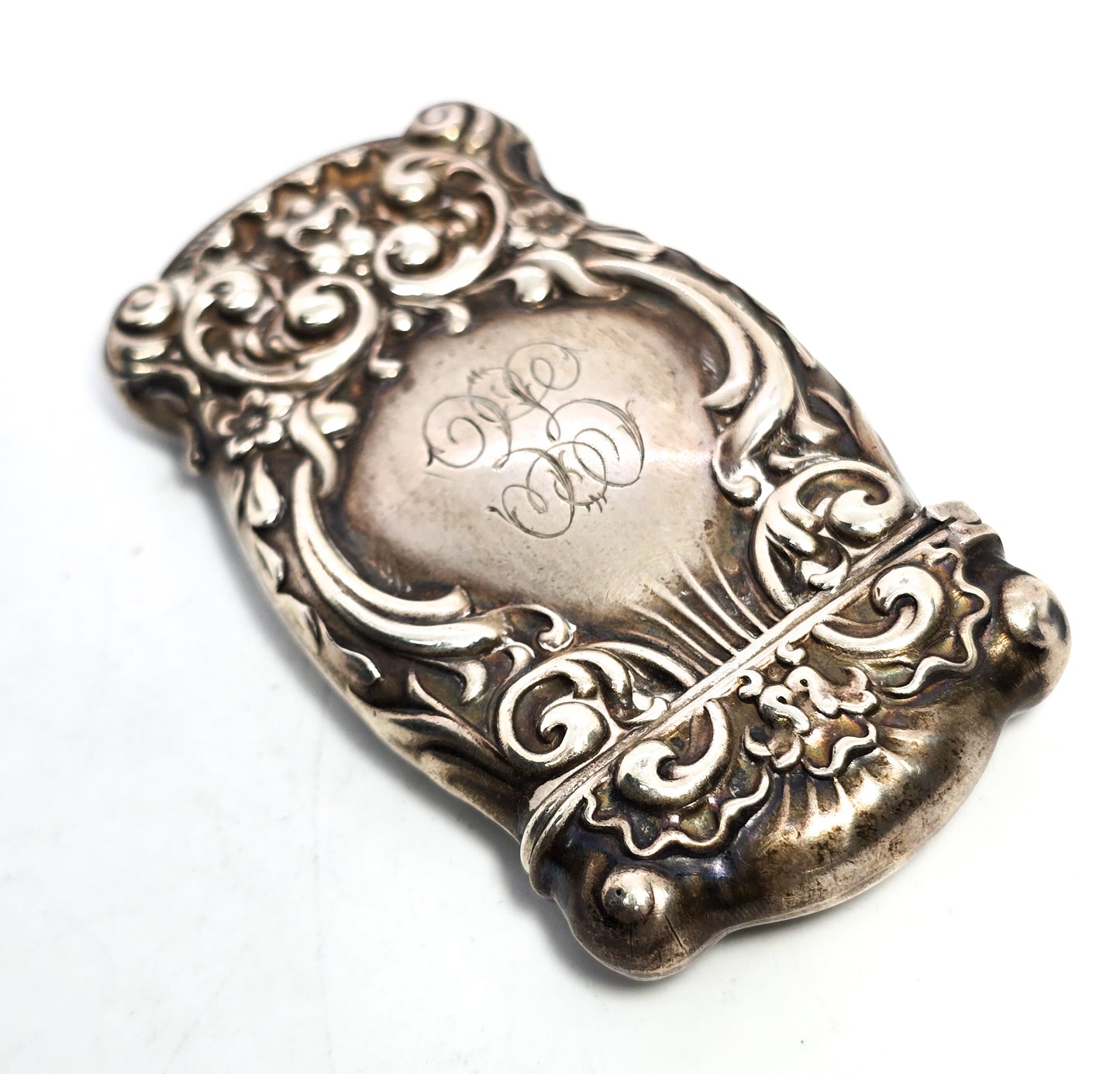Victorian reposse flower hinged antique sterling silver match safe vesta 4293
