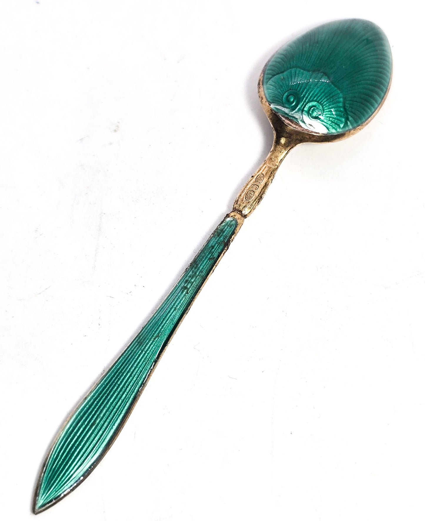 David Andersen Oslo Sterling Silver Norway signed Guilloche Enamel Spoon Green