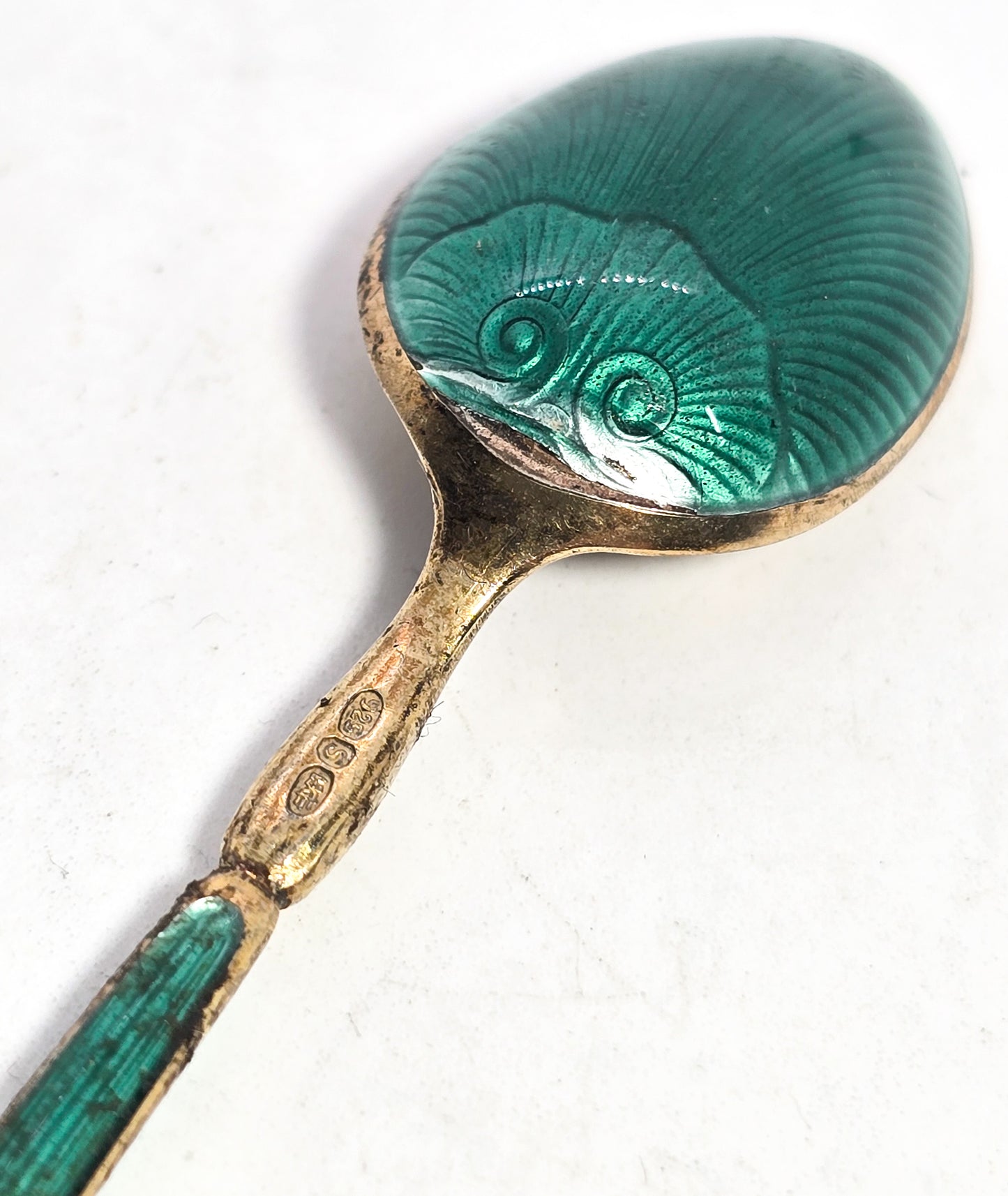 David Andersen Oslo Sterling Silver Norway signed Guilloche Enamel Spoon Green