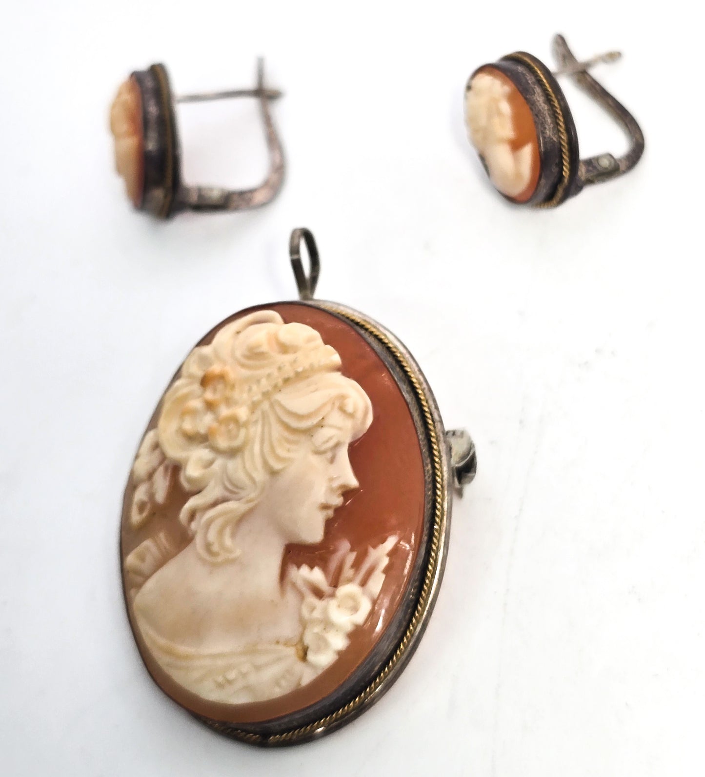 Italian Cameo Carved shell antique sterling silver lever back earrings and pendant brooch