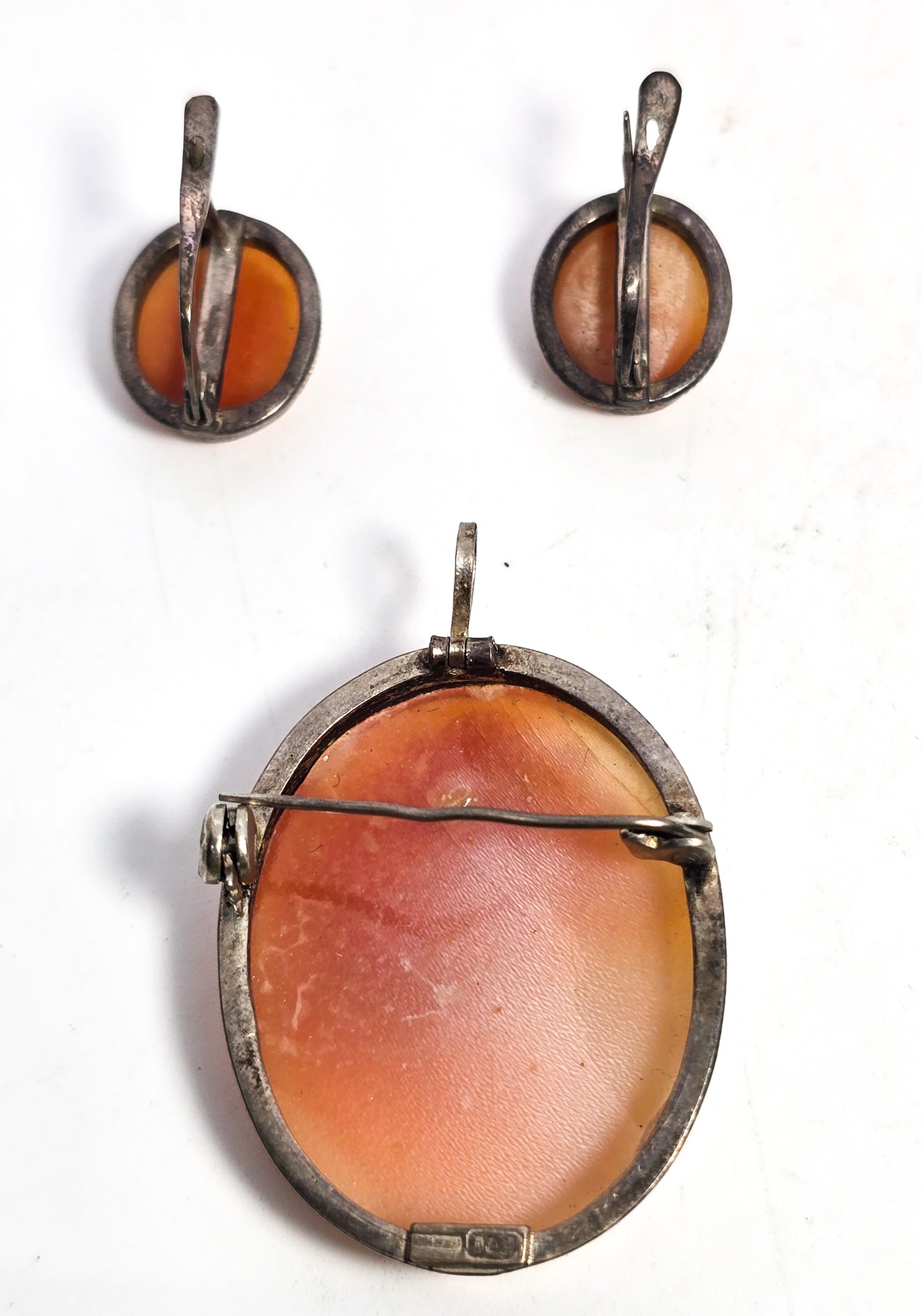 Italian Cameo Carved shell antique sterling silver lever back earrings and pendant brooch