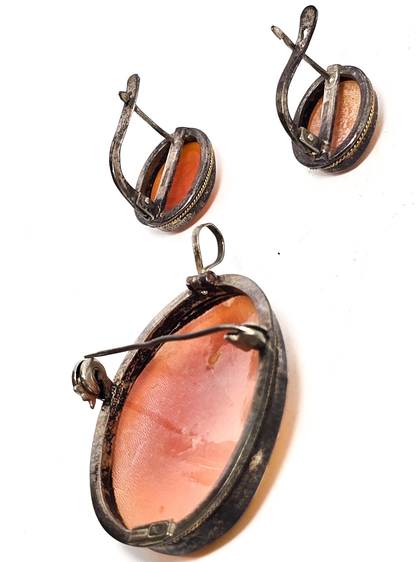 Italian Cameo Carved shell antique sterling silver lever back earrings and pendant brooch