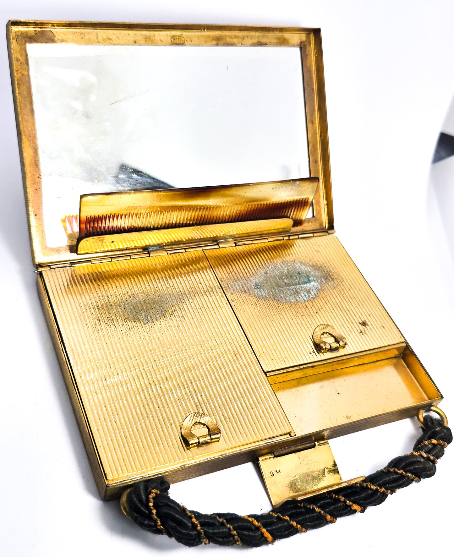 Brown Suede Gold toned Metal Makeup powder Compact, mirror Purse