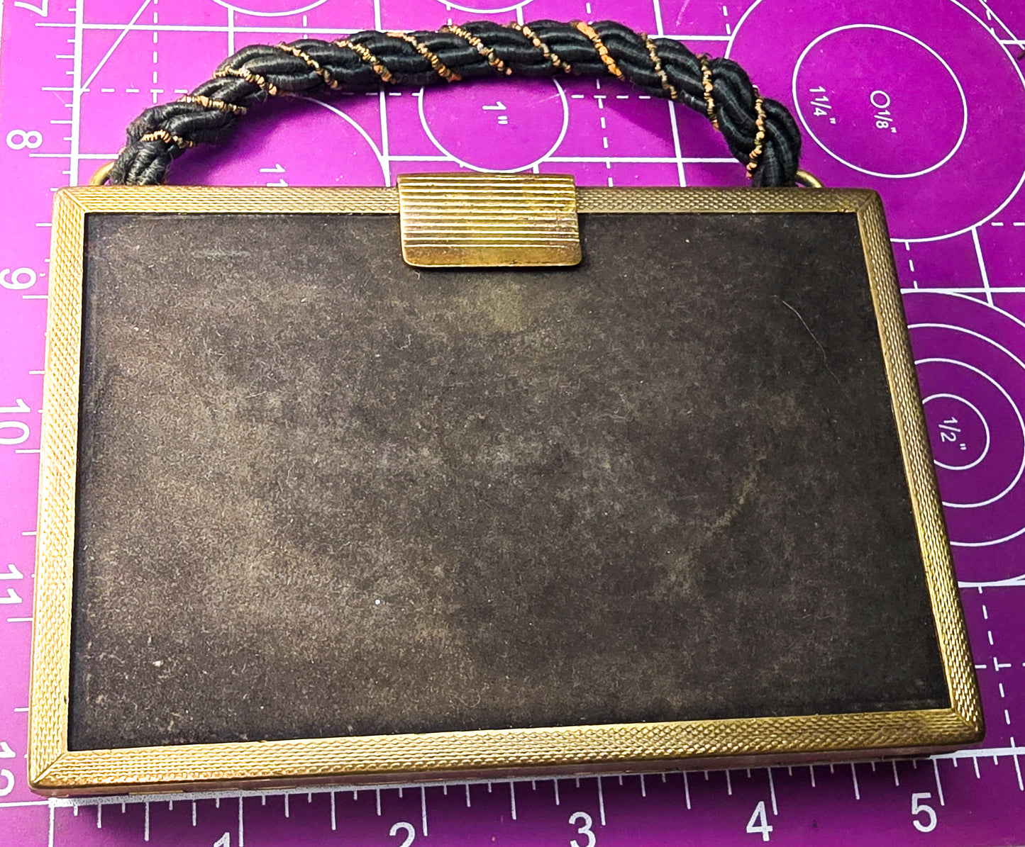 Brown Suede Gold toned Metal Makeup powder Compact, mirror Purse