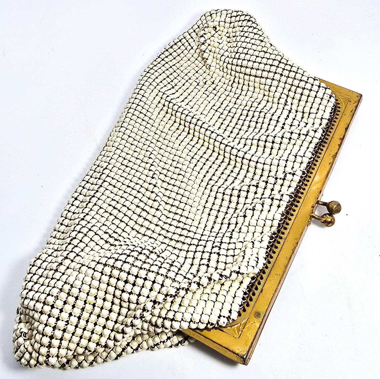 Whiting and Davis cream bubble metal mesh vintage silk lined clutch purse
