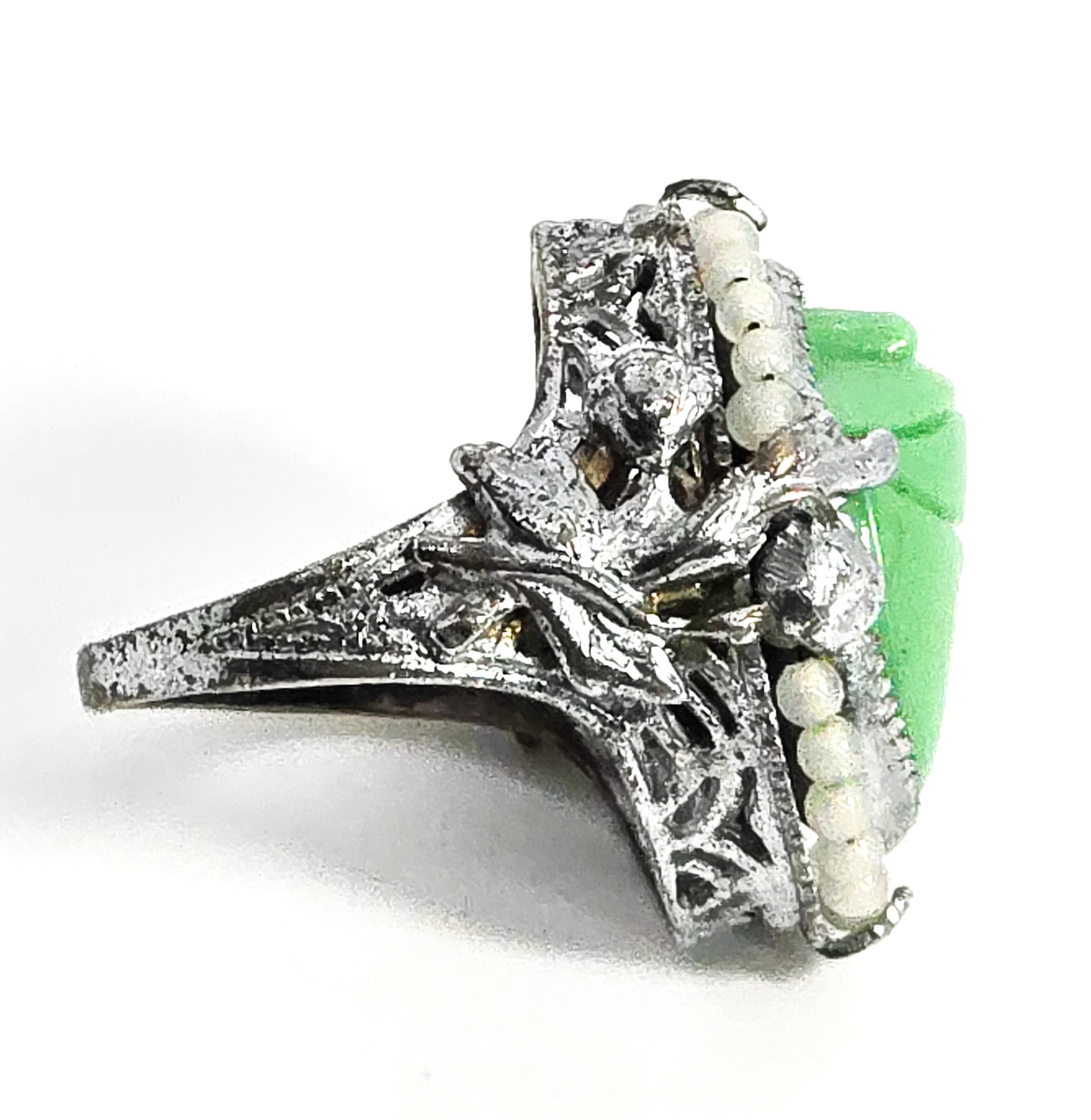 Uncas Art Deco Scarab seed pearl vintage sterling silver rhodium ring size 4