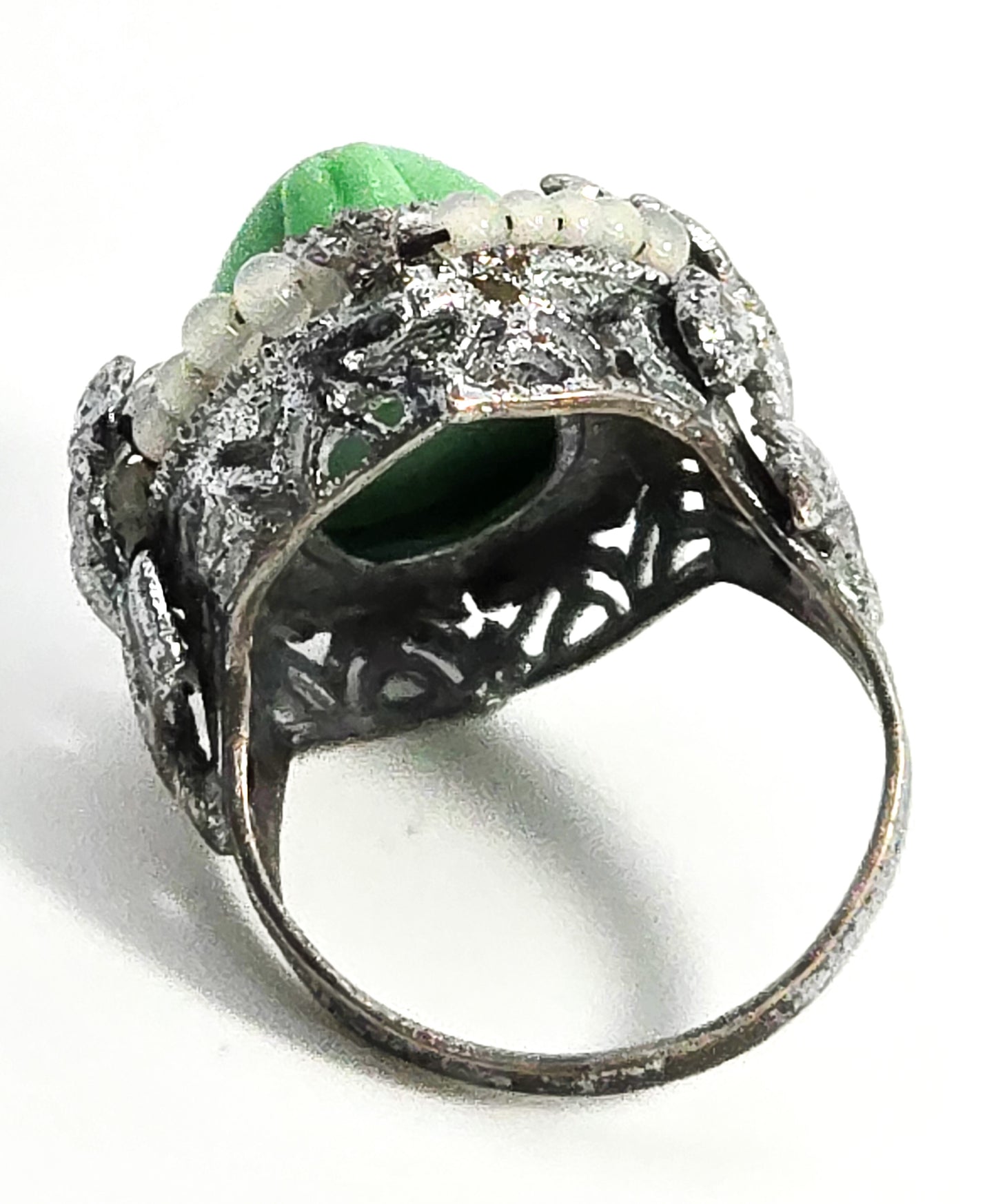 Uncas Art Deco Scarab seed pearl vintage sterling silver rhodium ring size 4