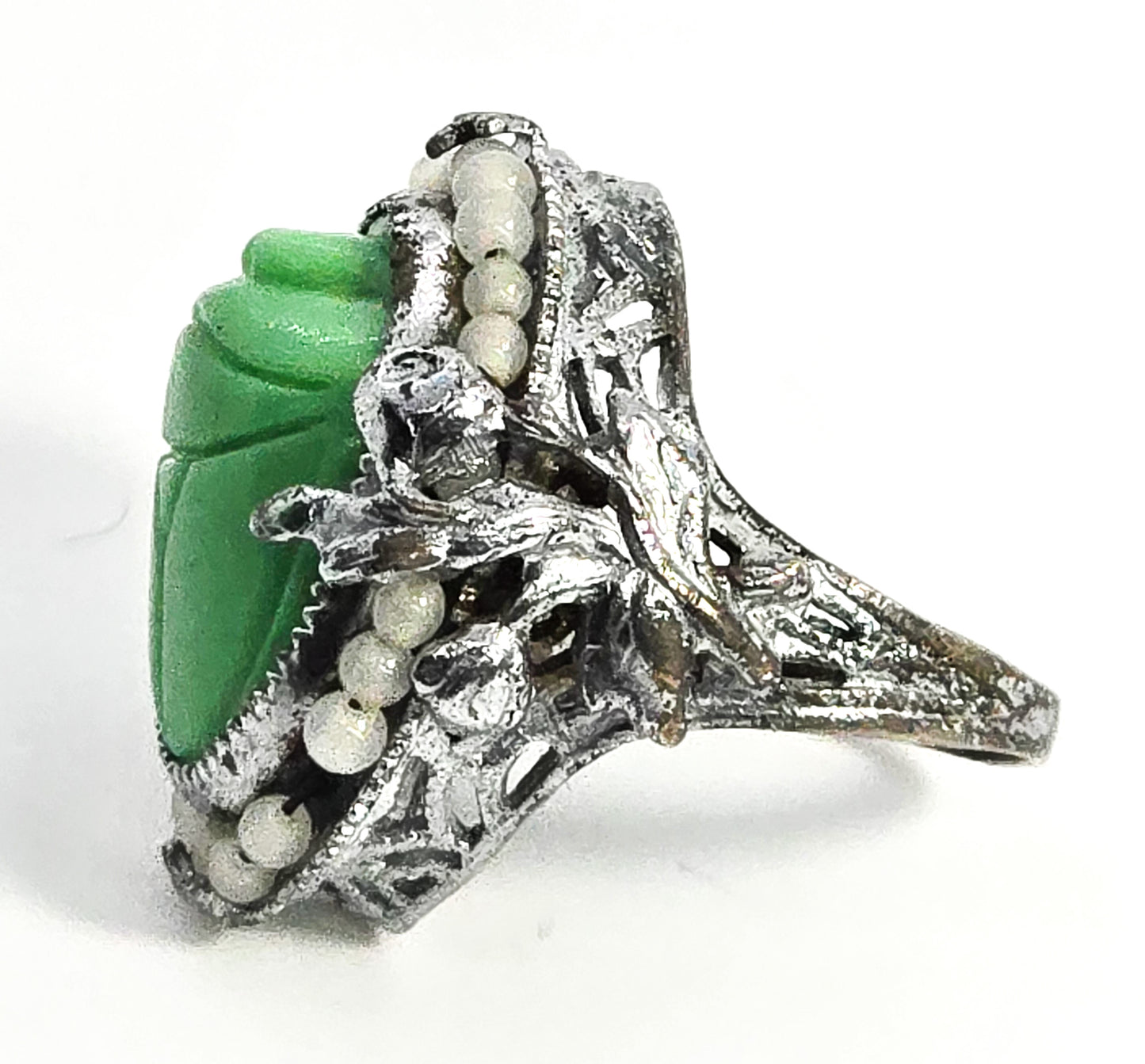 Uncas Art Deco Scarab seed pearl vintage sterling silver rhodium ring size 4