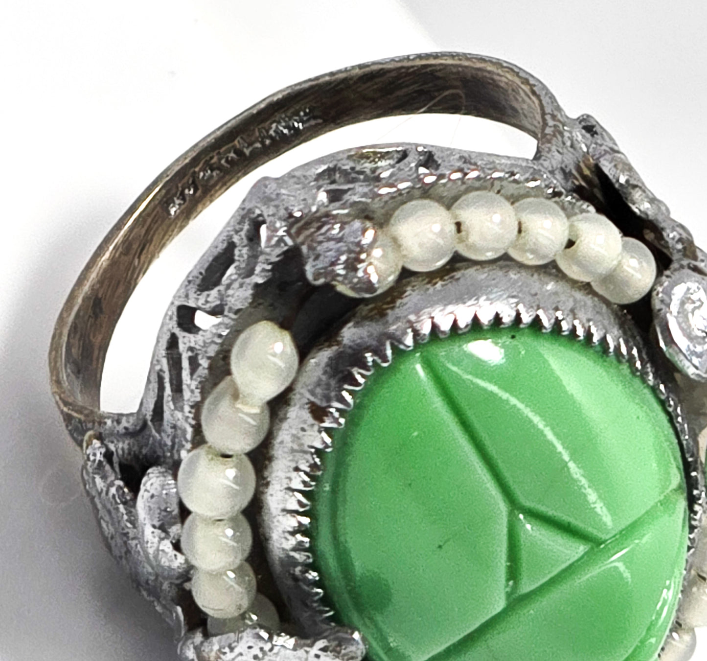 Uncas Art Deco Scarab seed pearl vintage sterling silver rhodium ring size 4