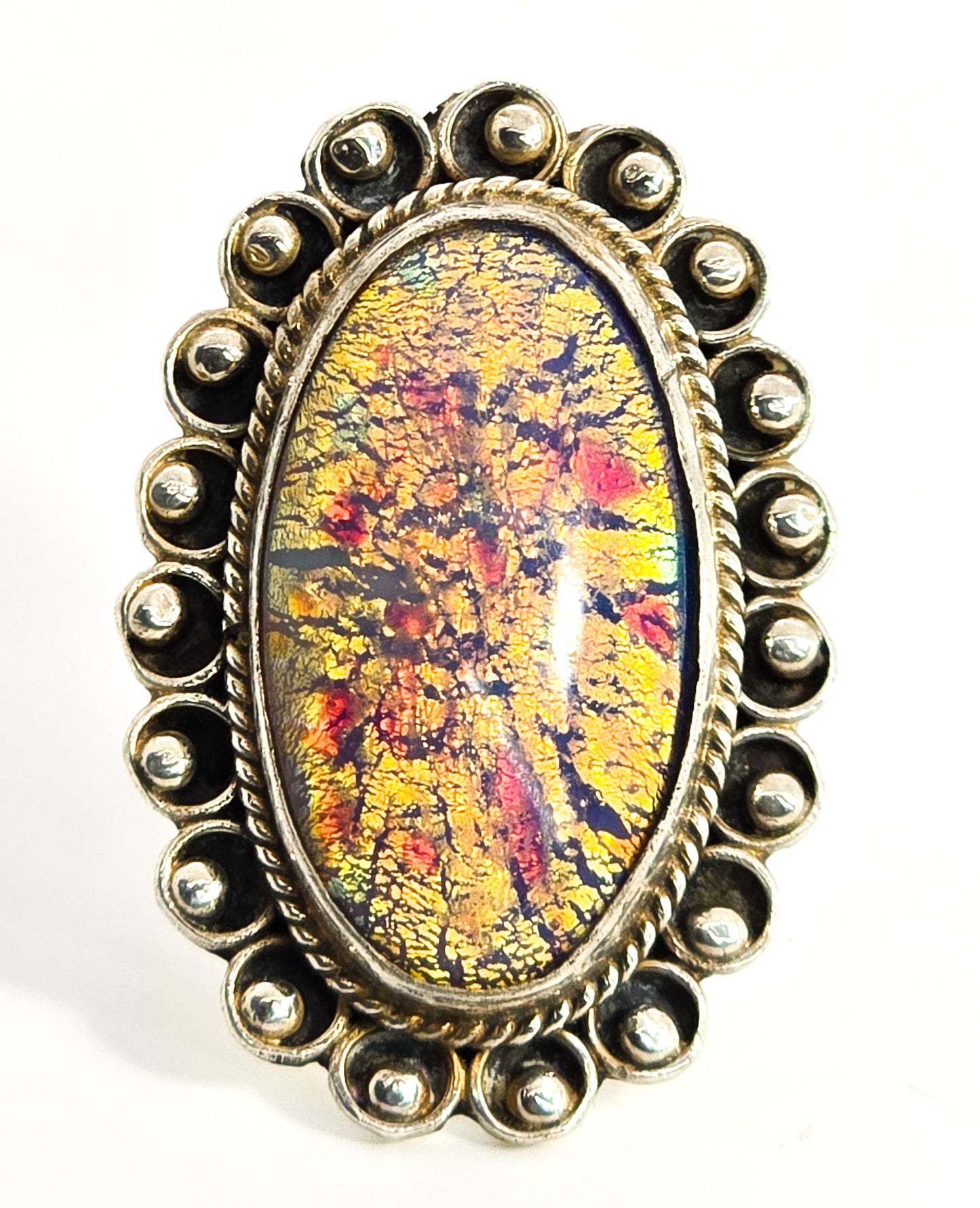 Mexican Dichroic glass Jelly Opal artisan Large solid sterling silver ring size 8