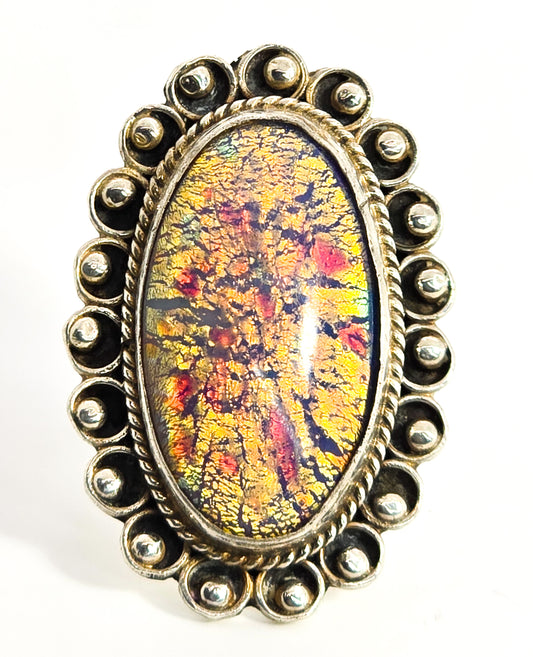 Mexican Dichroic glass Jelly Opal artisan  Large solid sterling silver ring size 8
