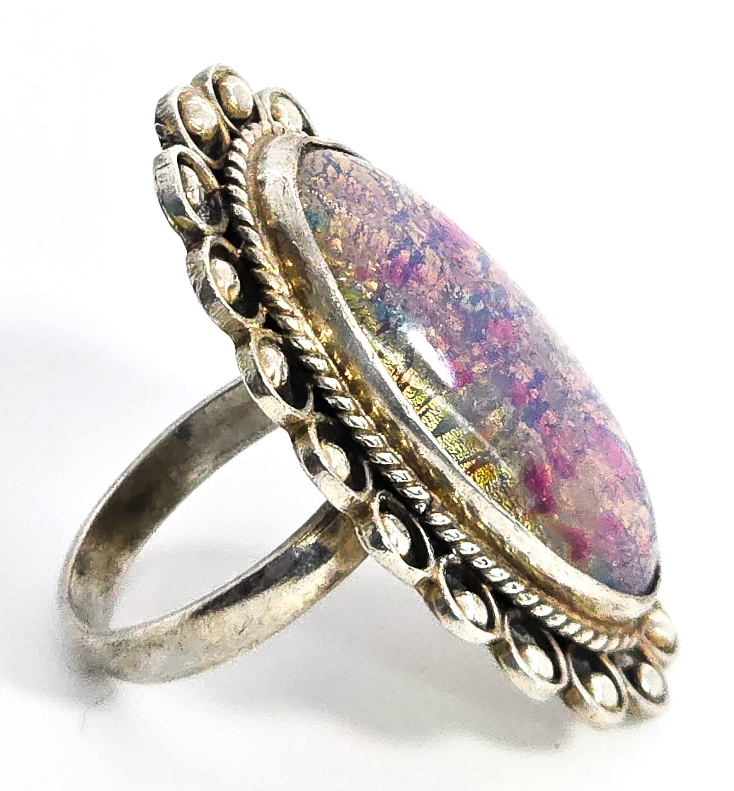 Mexican Dichroic glass Jelly Opal artisan Large solid sterling silver ring size 8