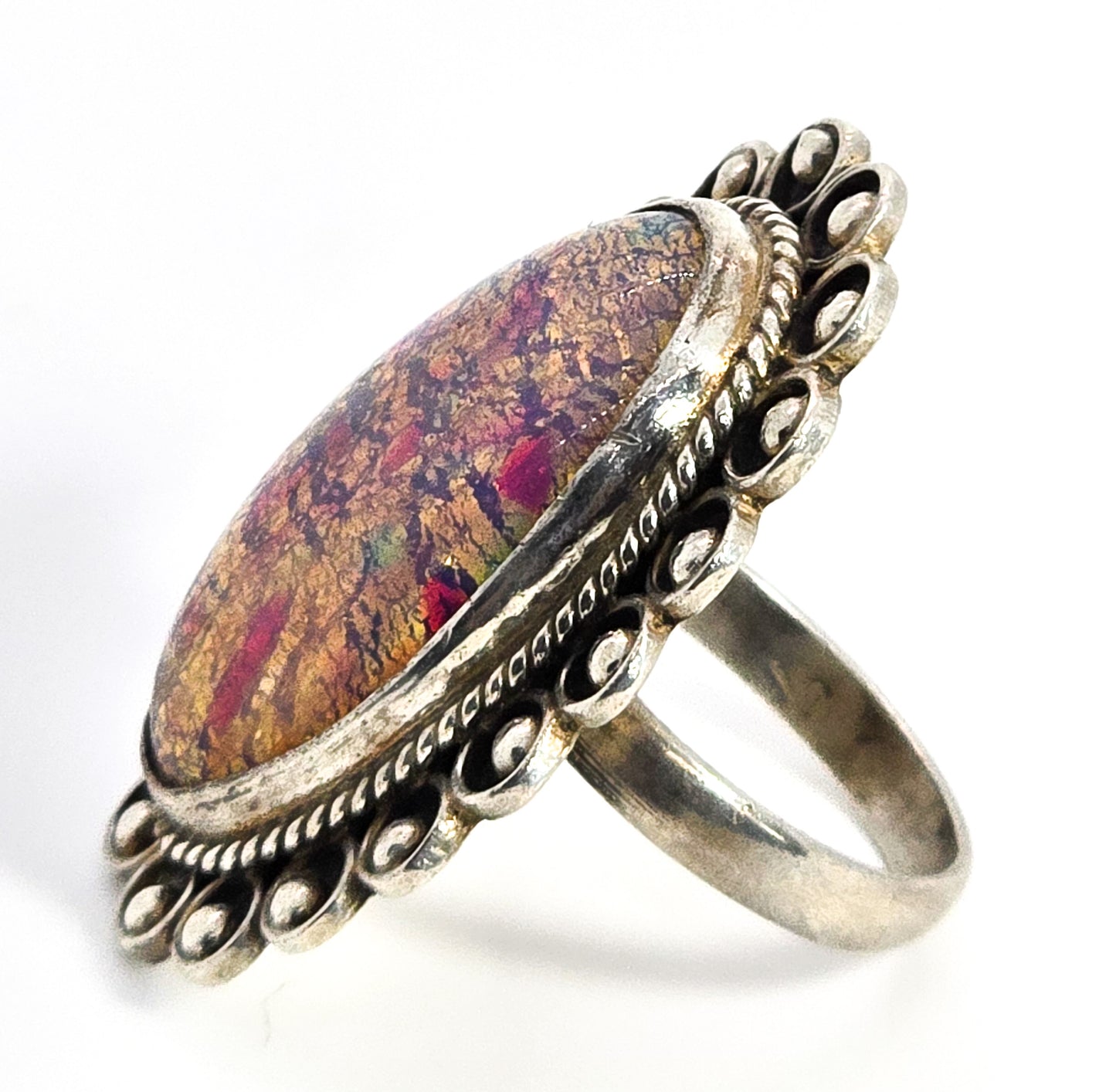 Mexican Dichroic glass Jelly Opal artisan Large solid sterling silver ring size 8