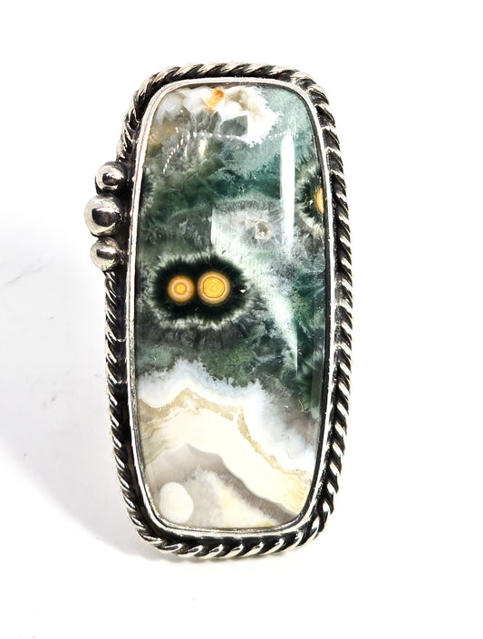 Ocean Jasper Large orbicular Solid sterling silver statement ring size 8