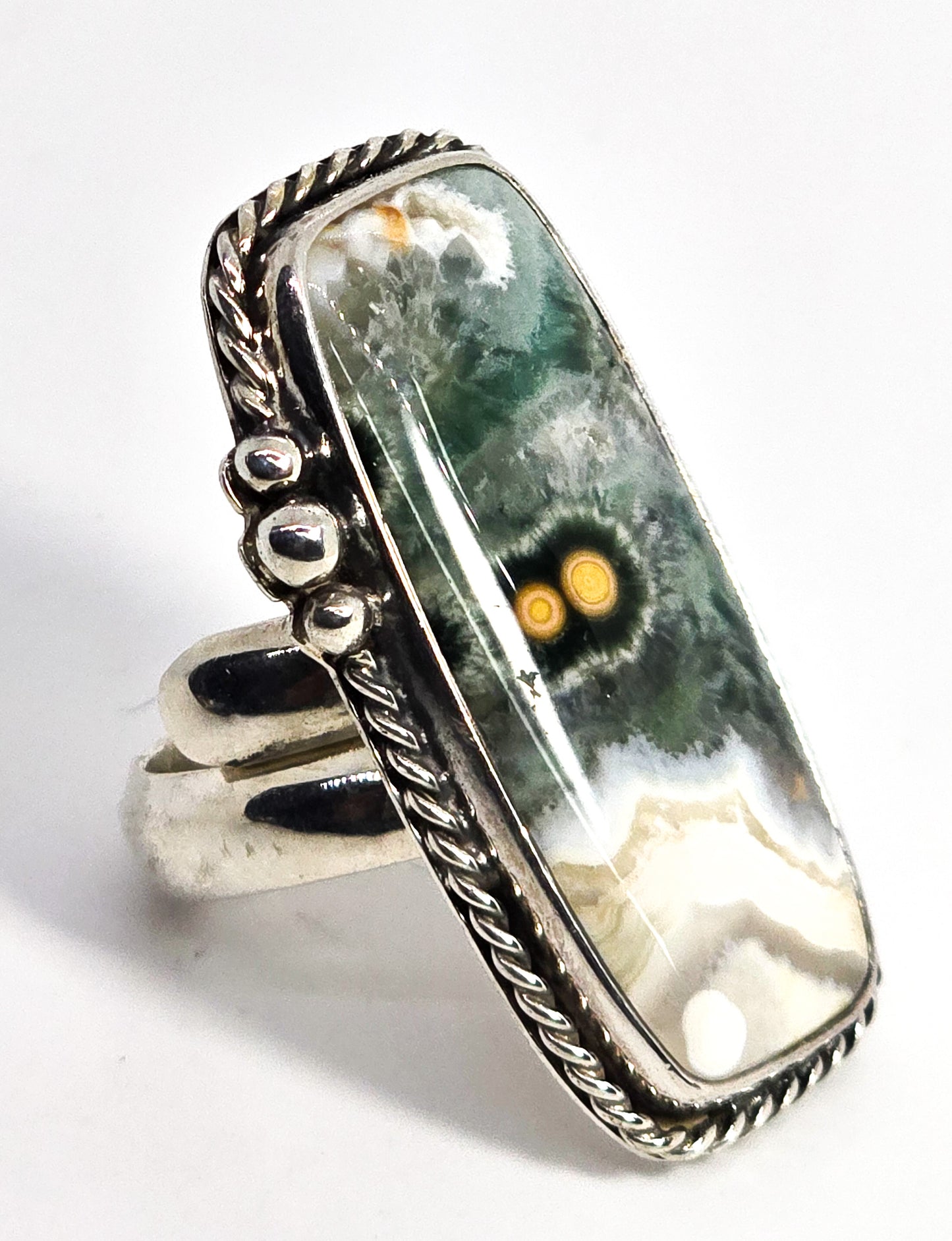 Ocean Jasper Large orbicular Solid sterling silver statement ring size 8
