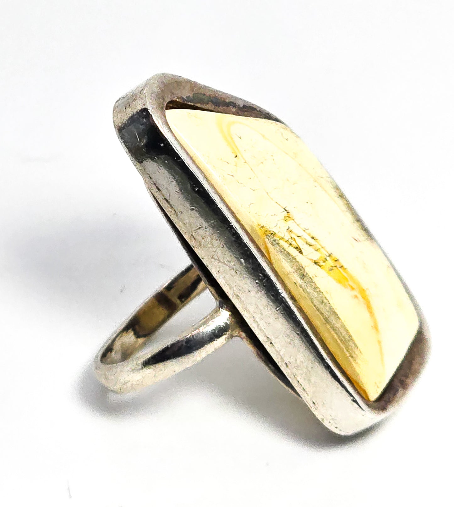 Egg Yolk Amber Modernist vintage artisan sterling silver statement ring size 7
