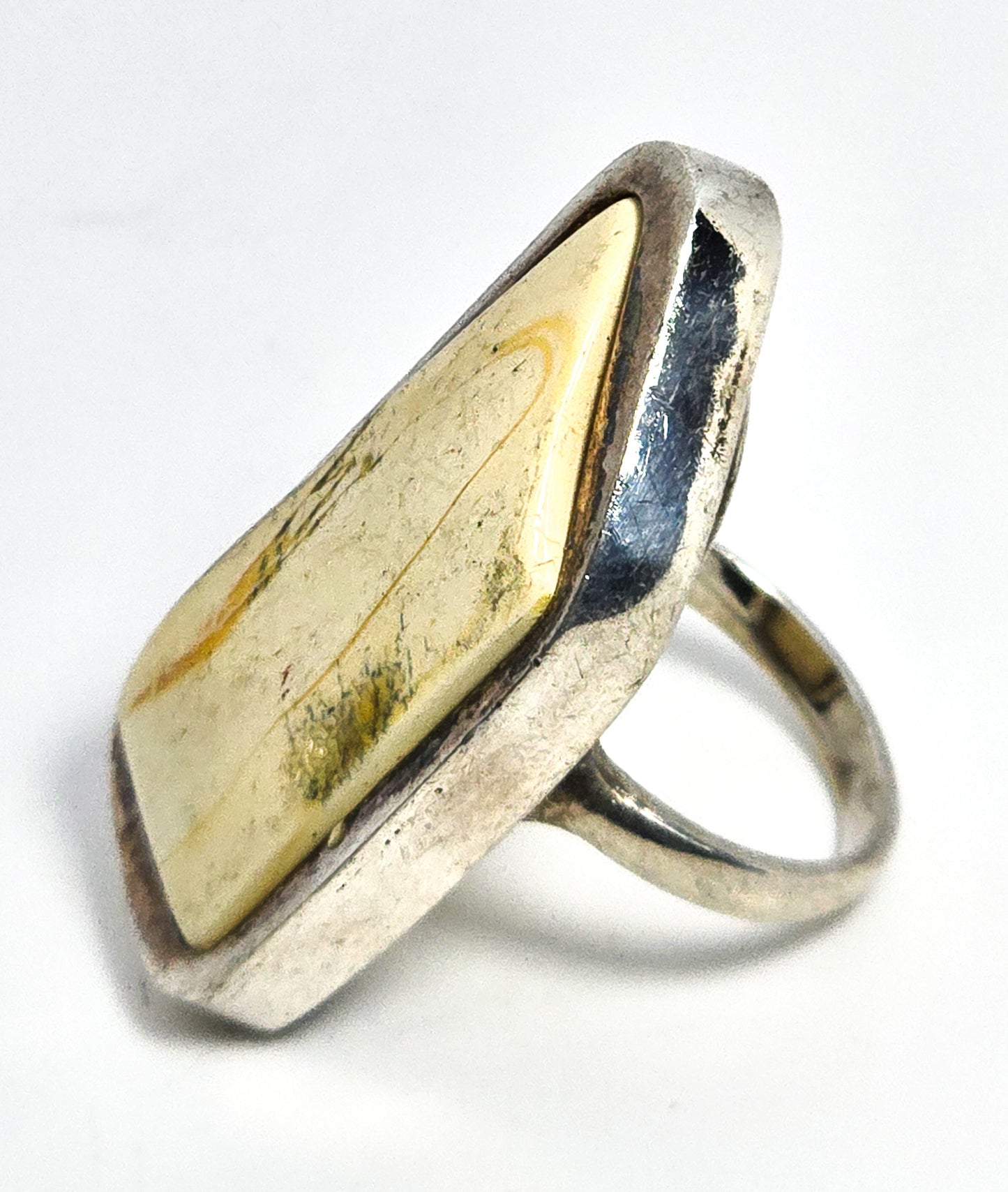 Egg Yolk Amber Modernist vintage artisan sterling silver statement ring size 7