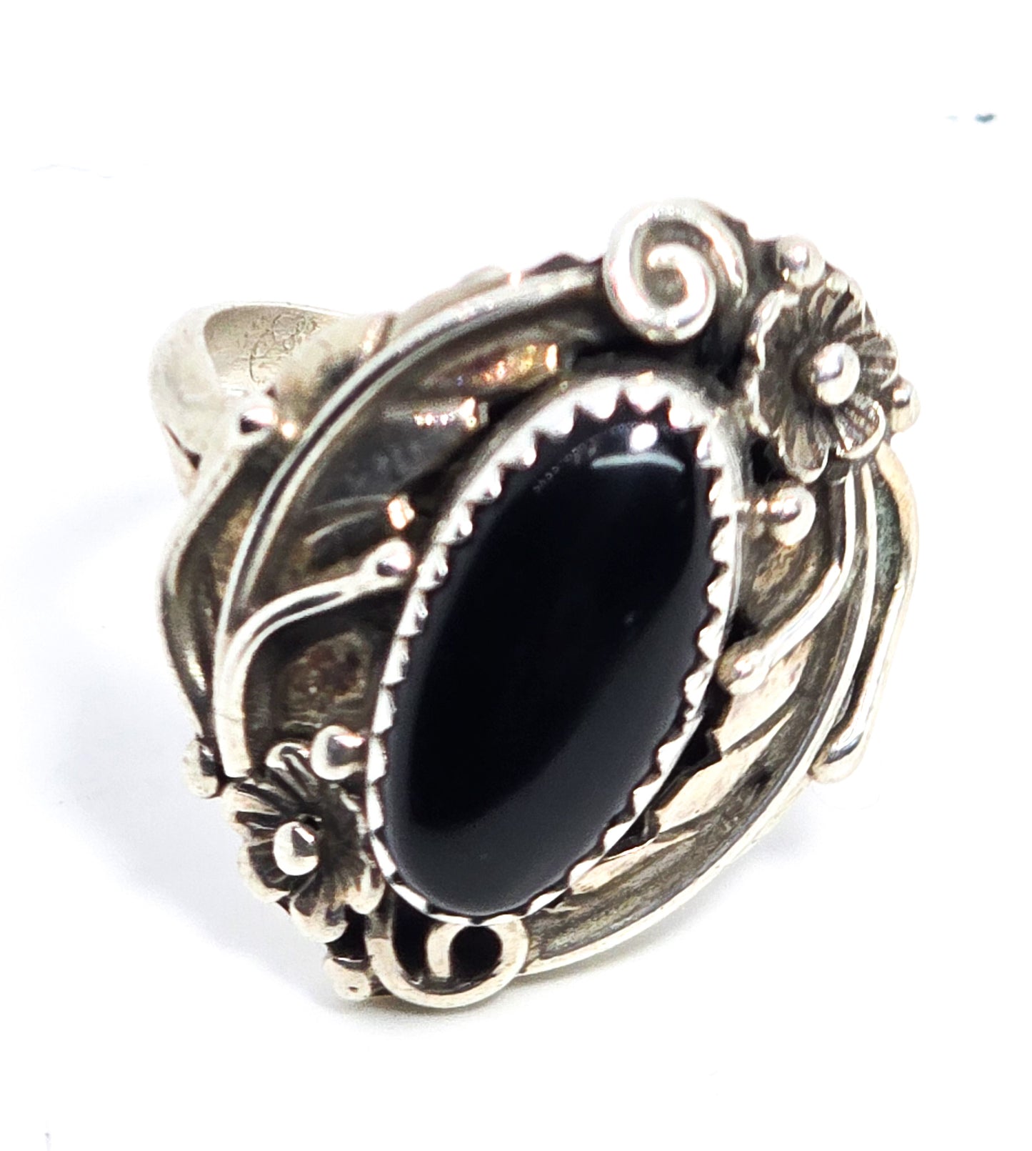 Navajo Black Onyx Feather sterling silver Native American vintage ring size 9.5
