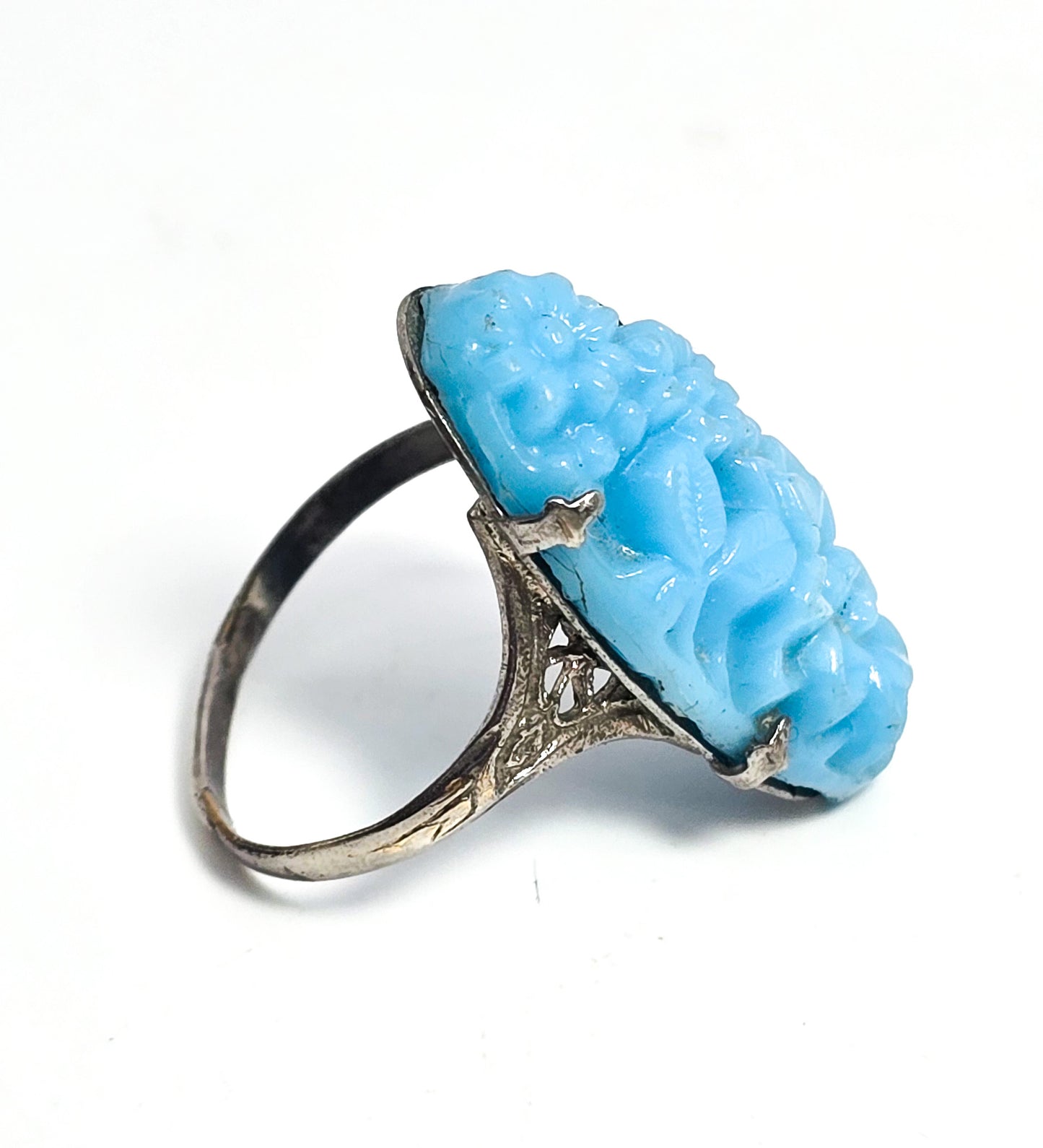 Art Deco baby blue glass flower rhodium plated antique ring size 9