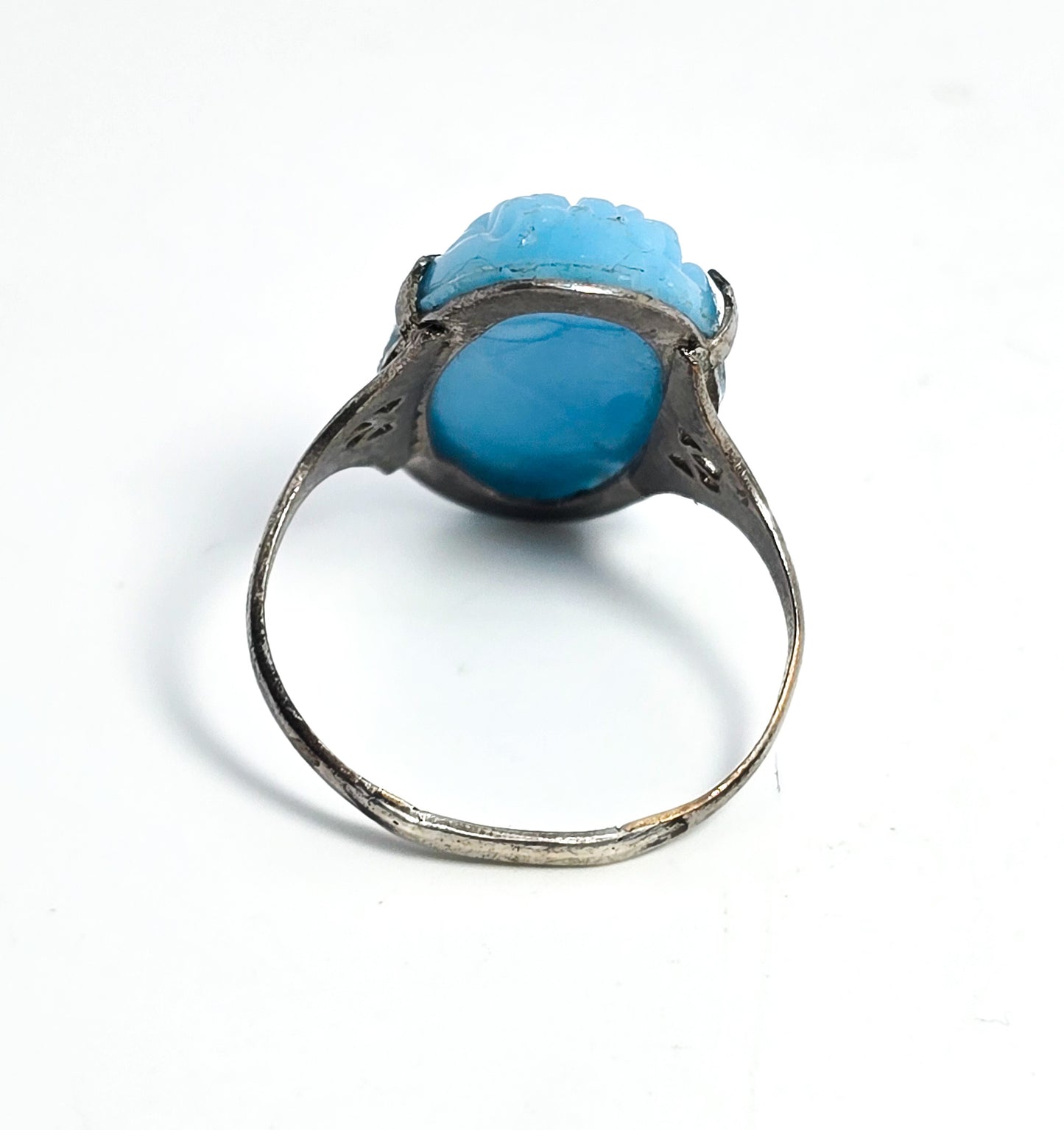 Art Deco baby blue glass flower rhodium plated antique ring size 9