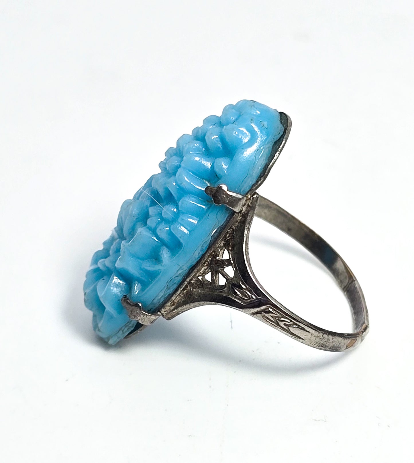 Art Deco baby blue glass flower rhodium plated antique ring size 9