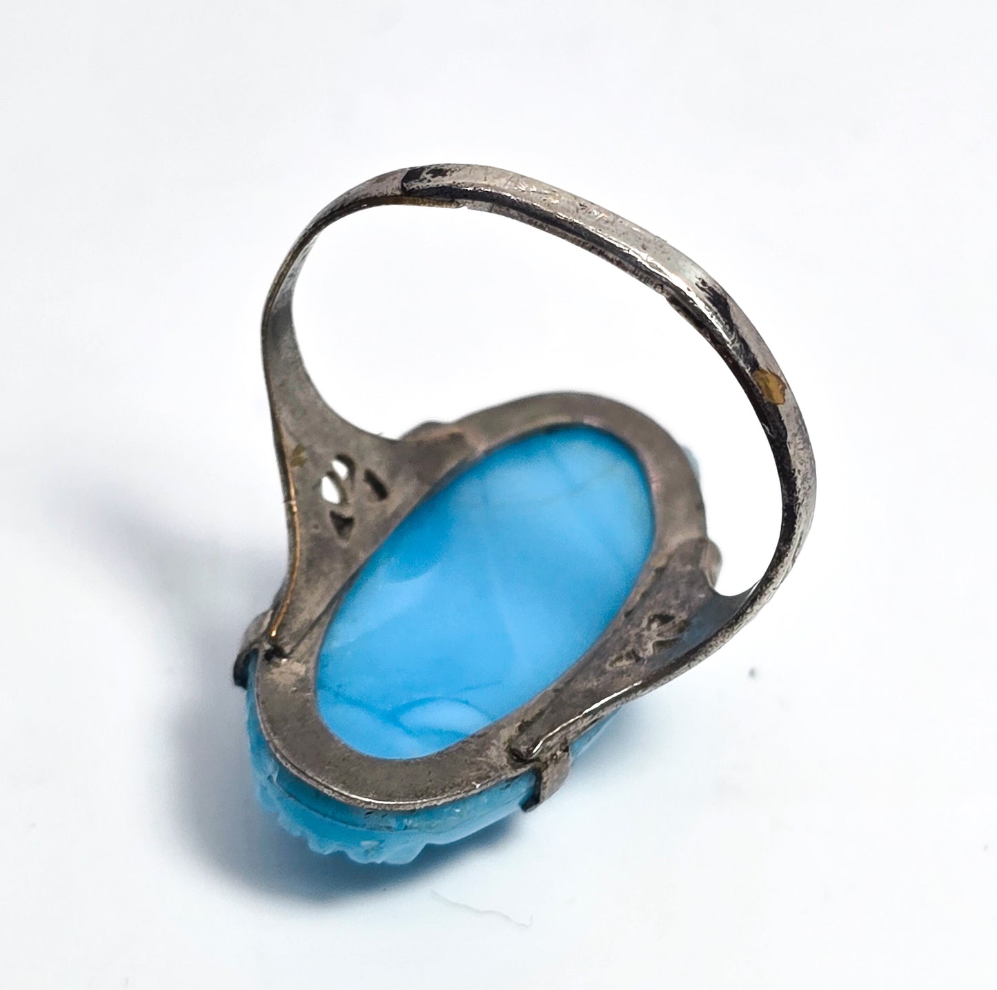 Art Deco baby blue glass flower rhodium plated antique ring size 9