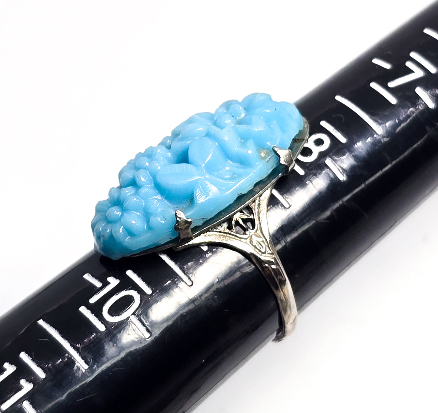Art Deco baby blue glass flower rhodium plated antique ring size 9