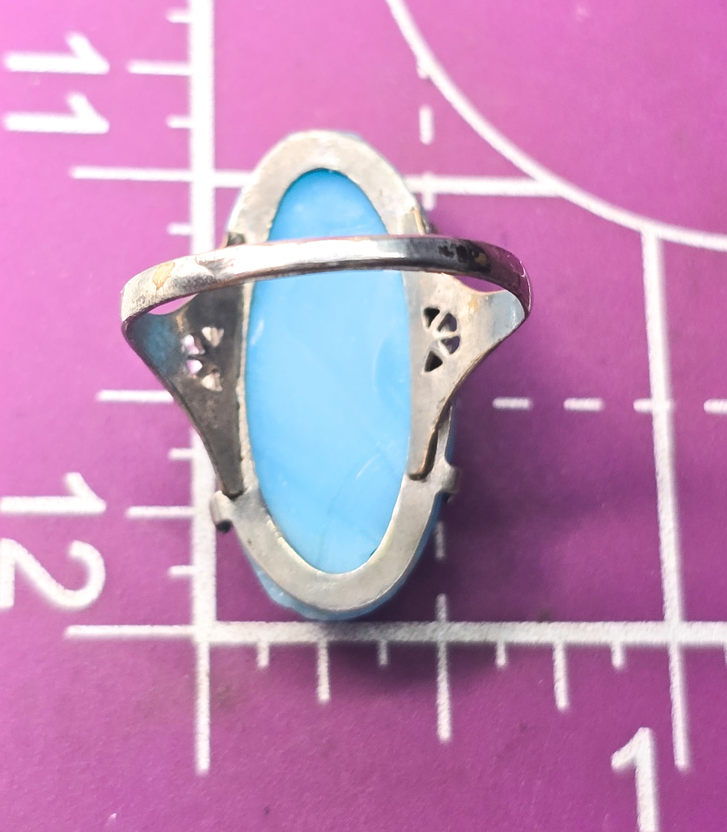 Art Deco baby blue glass flower rhodium plated antique ring size 9